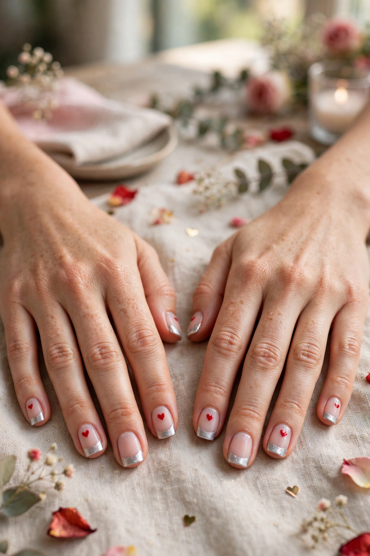 Classic Red Red Heart Nail Art in Short Square Shape with a Frosted Chrome Tip