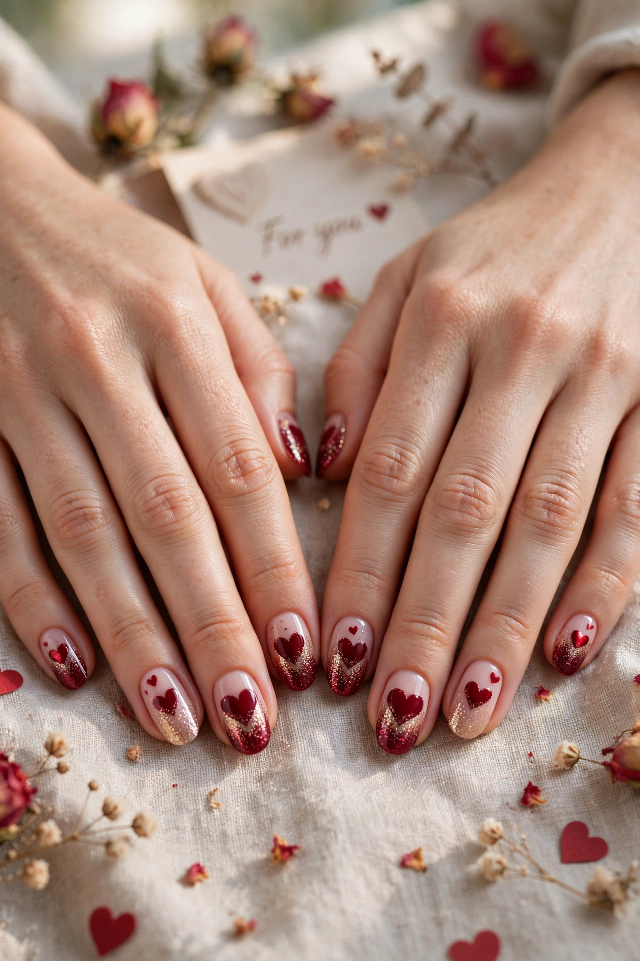 Deep Red Red Heart Nail Art in Round Shape with a Glitter Fade Tip