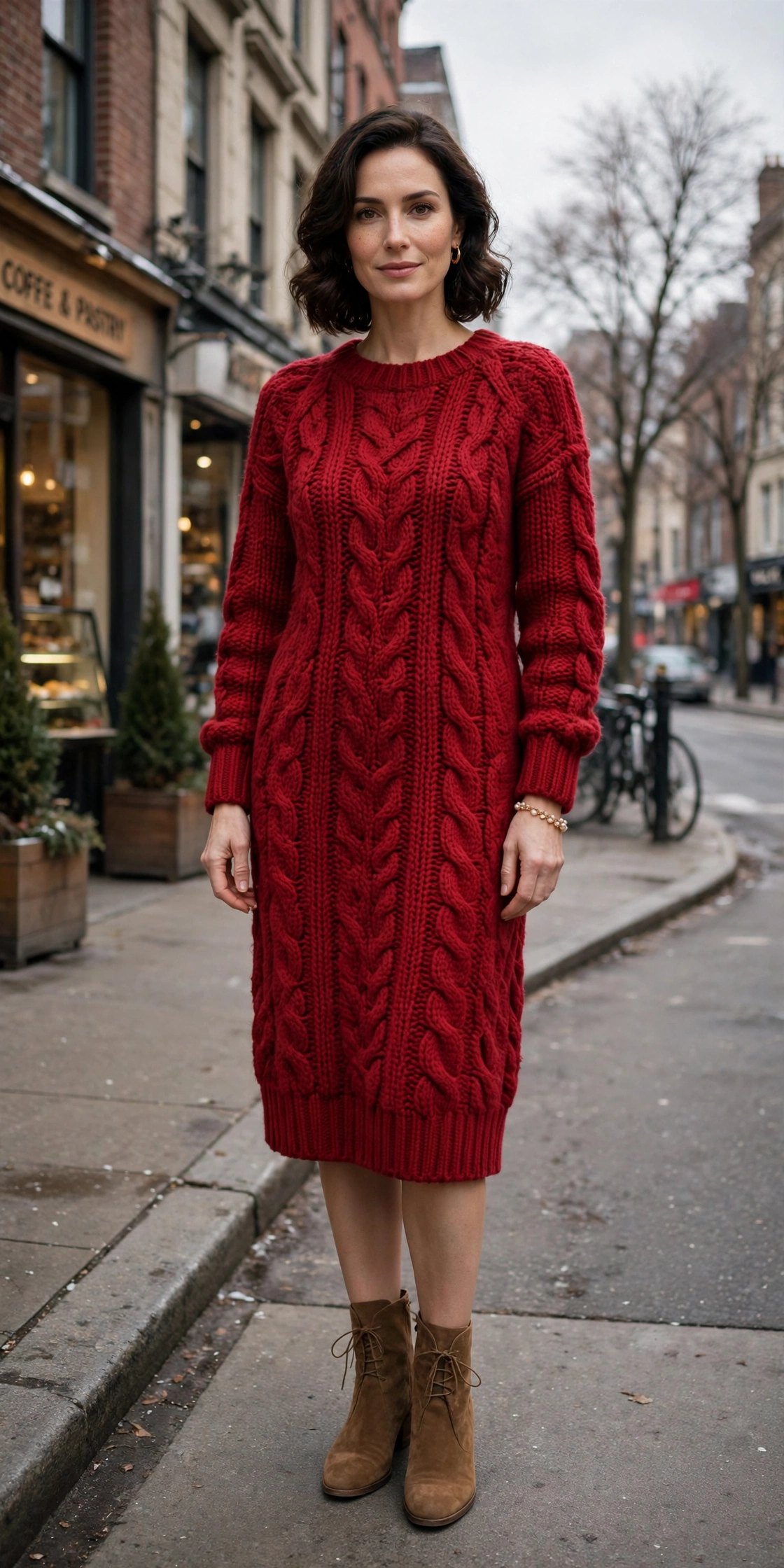 Cherry chunky knit dress with suede ankle boots and a pearl bracelet