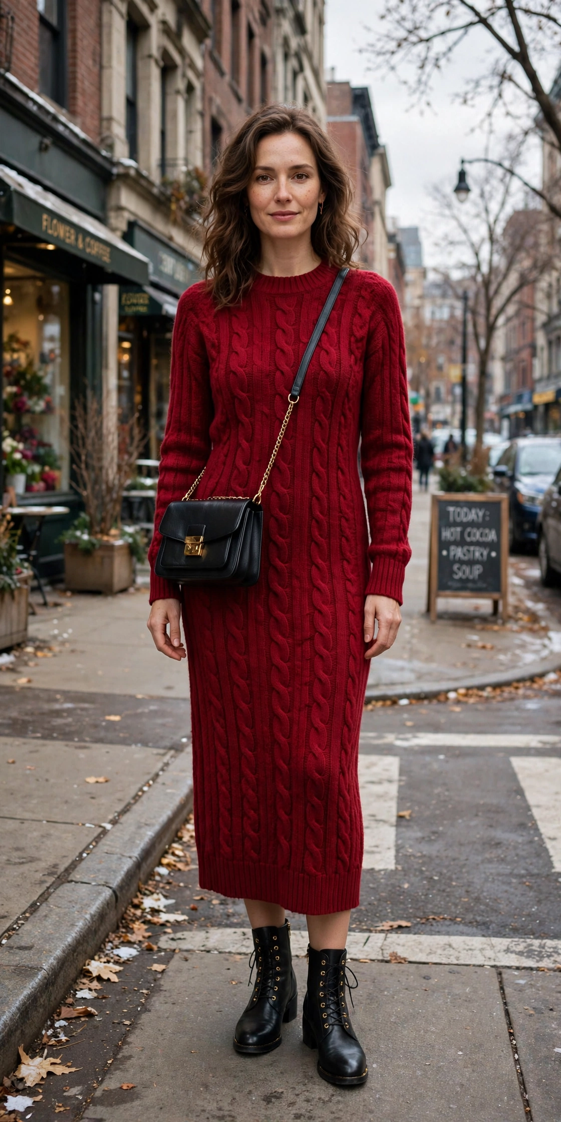 Crimson knit midi dress with leather ankle boots and a chic crossbody bag
