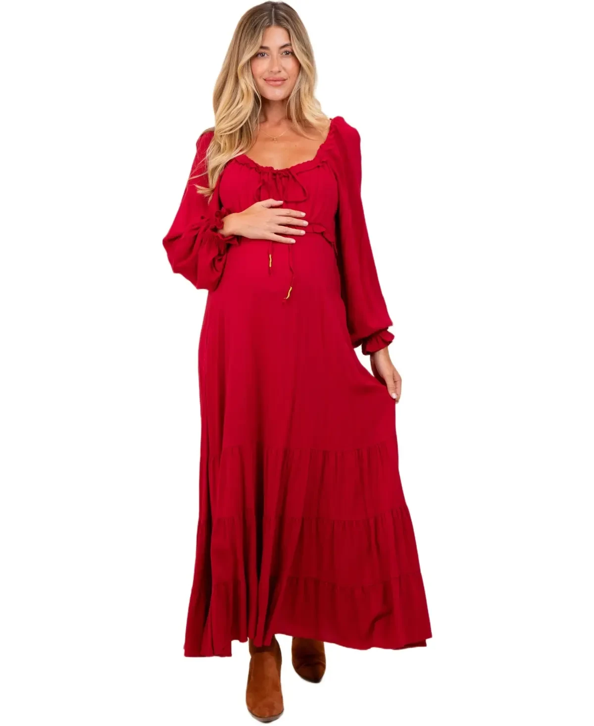 Berry red wrap knit dress with suede ankle boots and a delicate gold necklace