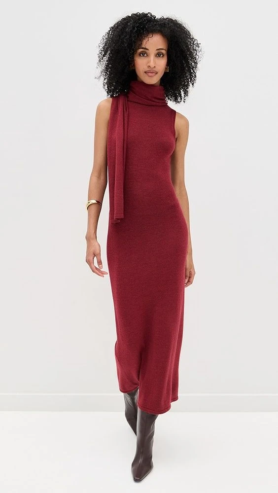 Crimson relaxed knit dress with pointed mules and a silk scarf