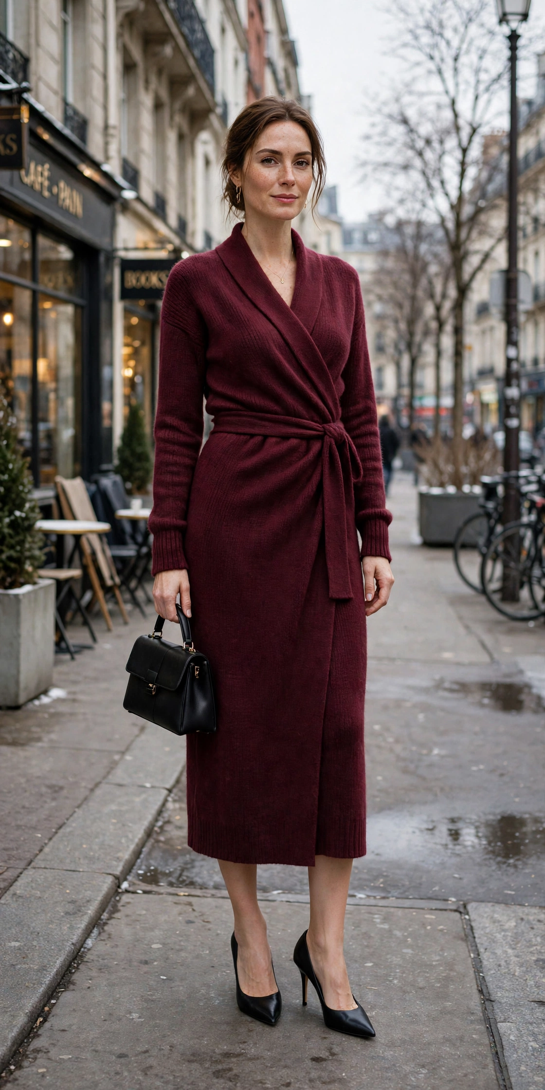 Wine wrap knit dress with black pointed heels and a small structured clutch