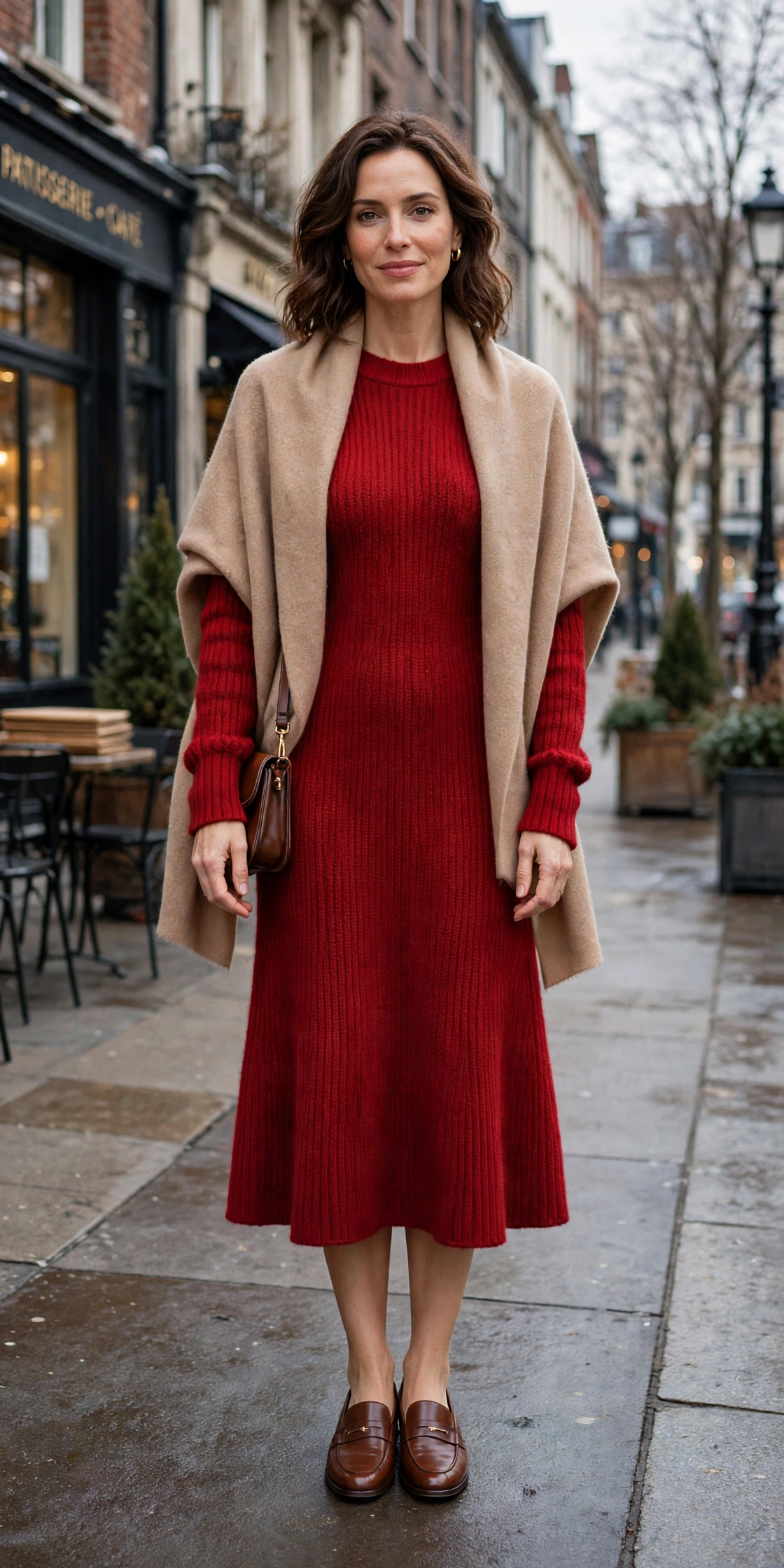 Scarlet knit sweater dress with smart loafers and a cashmere wrap