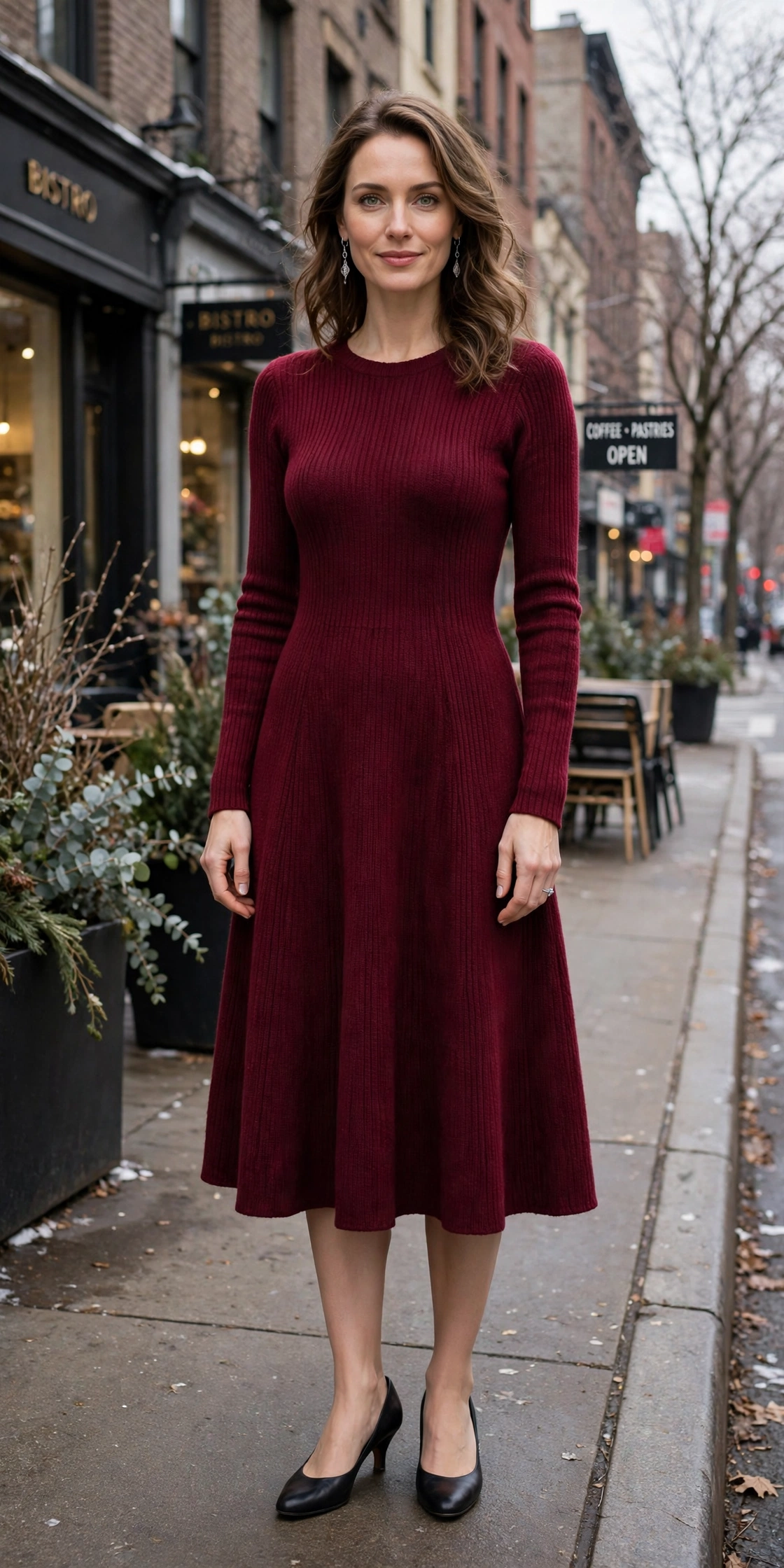 Wine A-line knit dress with low-heeled pumps and silver drop earrings
