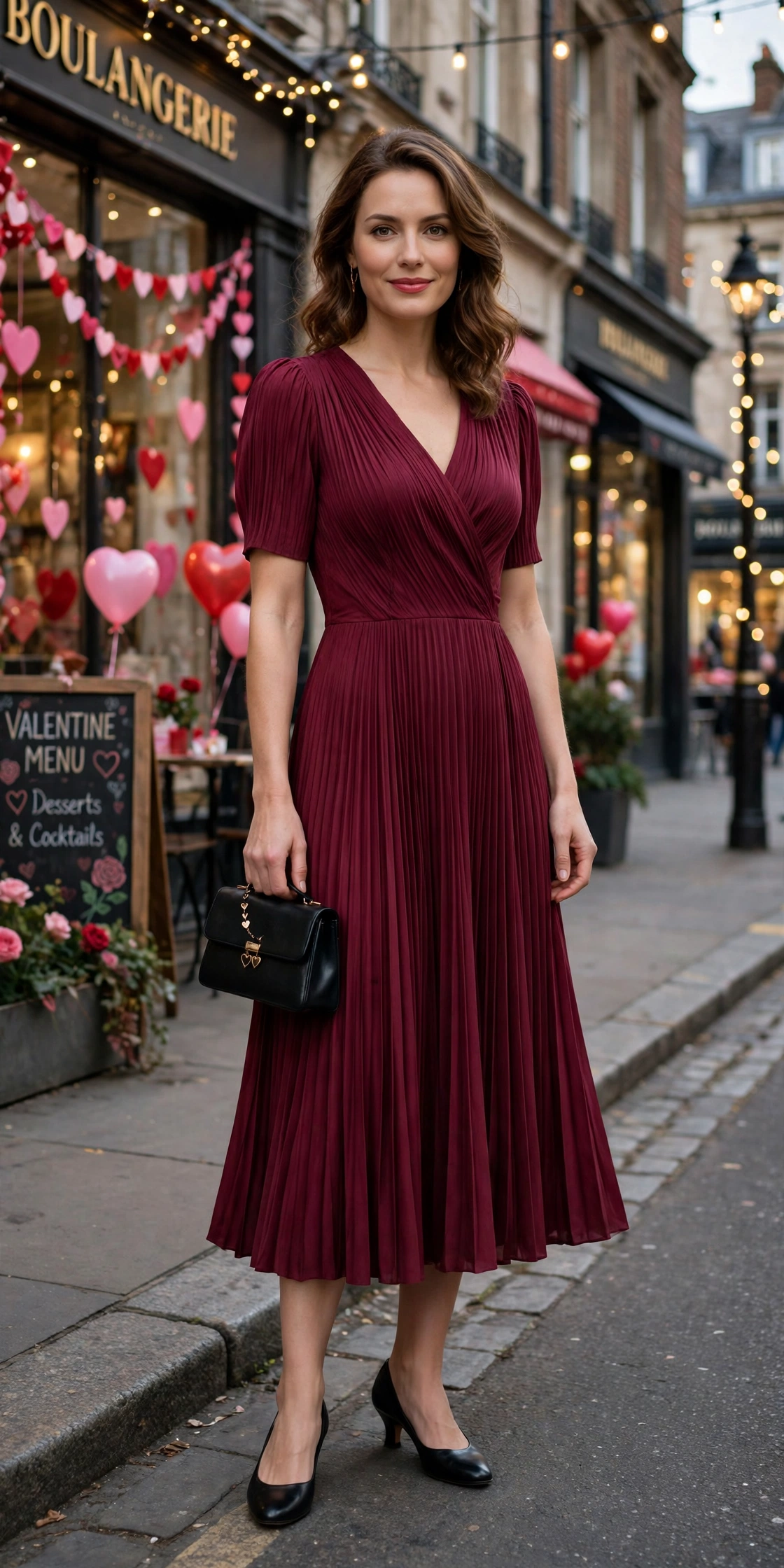 Wine pleated midi dress with low-heeled pumps and a small structured clutch