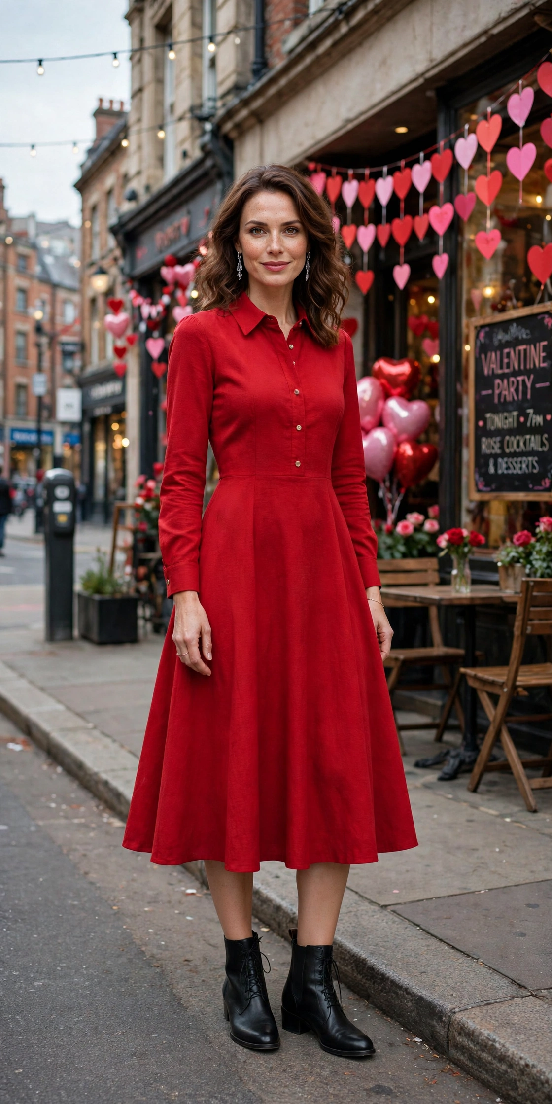 Scarlet A-line midi dress with leather ankle boots and silver drop earrings