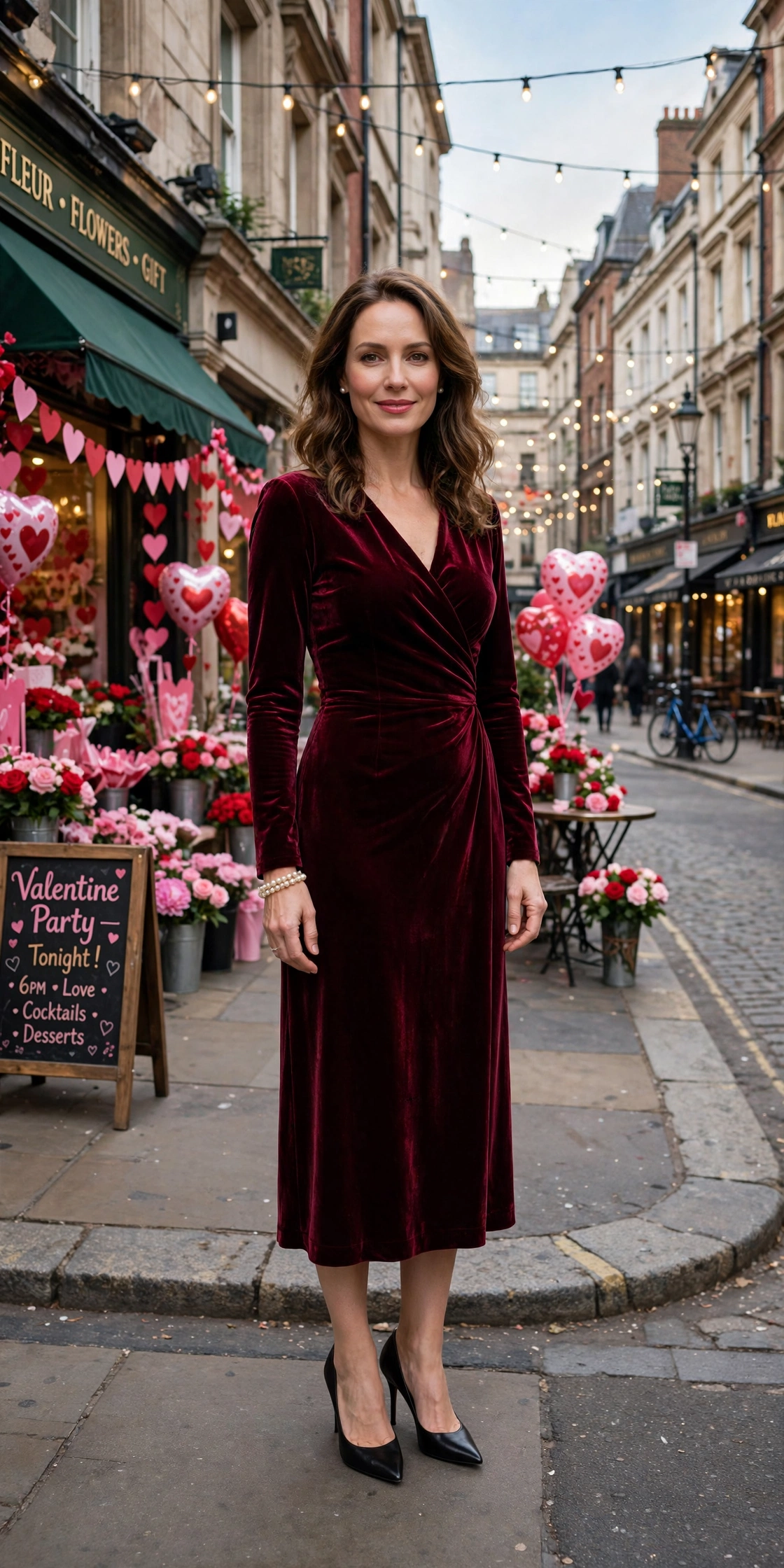 Wine velvet midi dress with black pointed heels and a pearl bracelet
