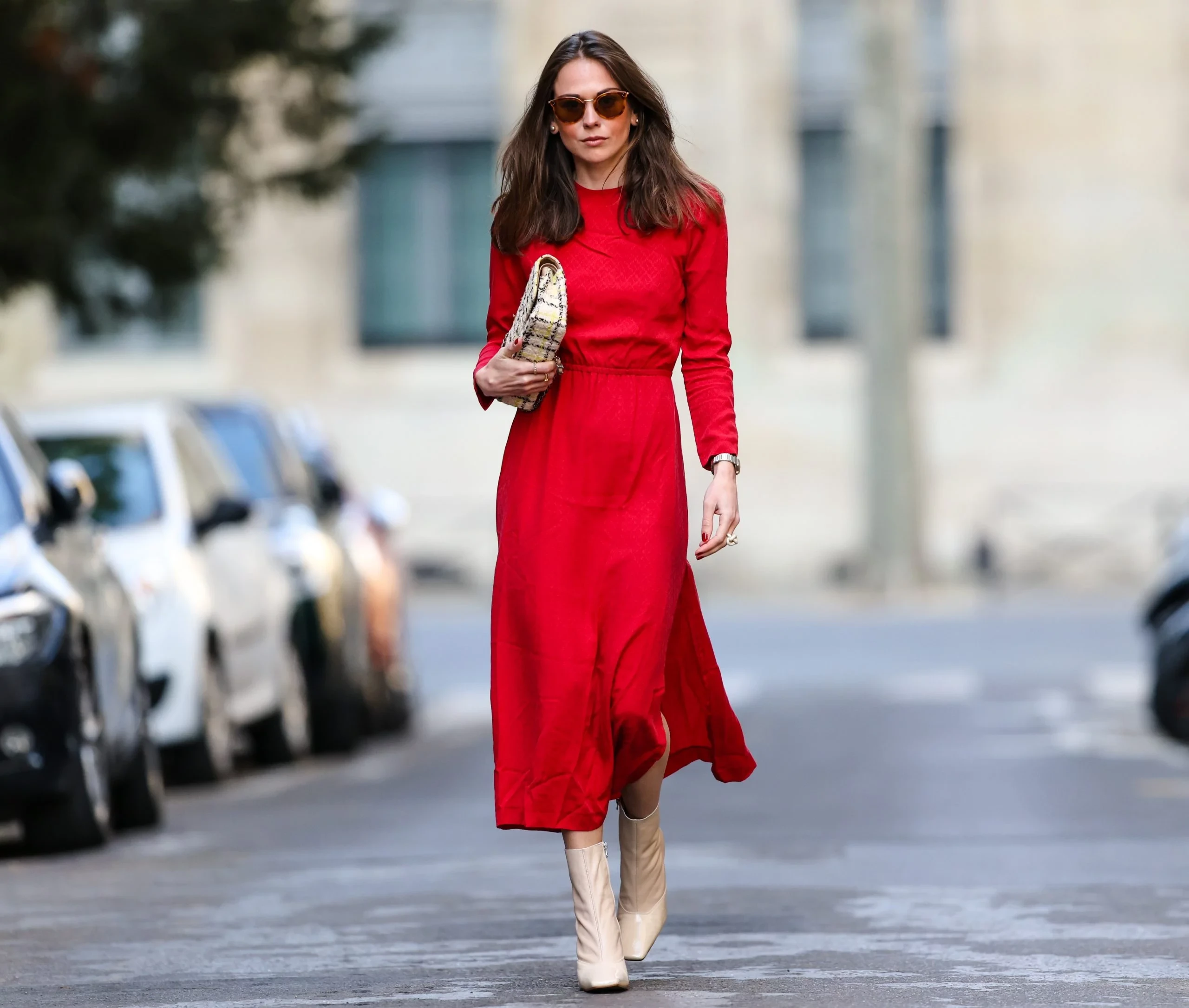 Scarlet midi party dress with suede ankle boots and a silk scarf