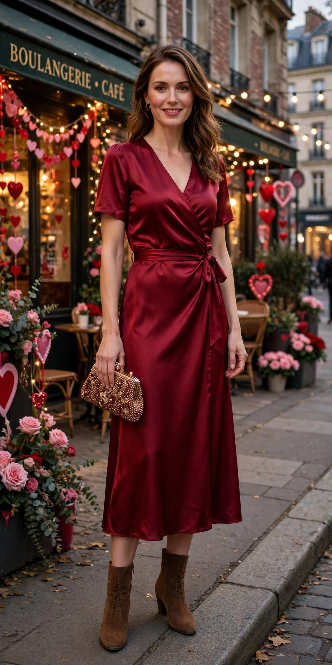 Deep red satin midi dress with suede ankle boots and a beaded clutch