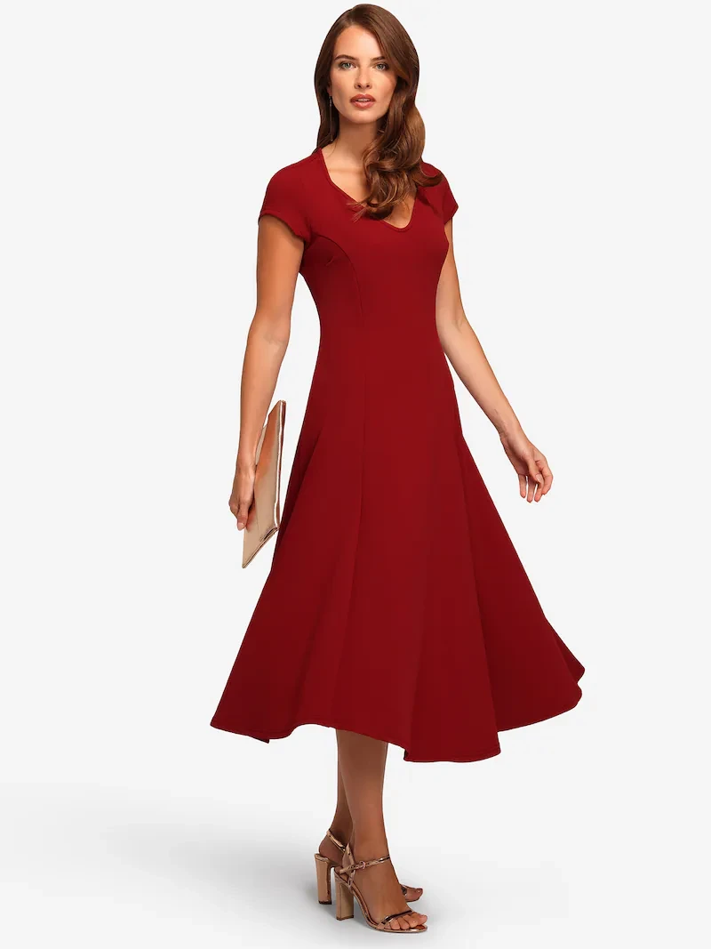 Ruby fit-and-flare midi dress with kitten heels and silver drop earrings