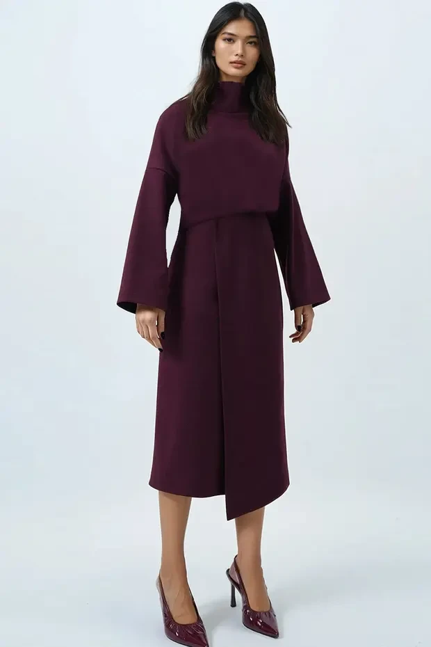 Wine long-sleeve midi dress with pointed mules and a cashmere wrap