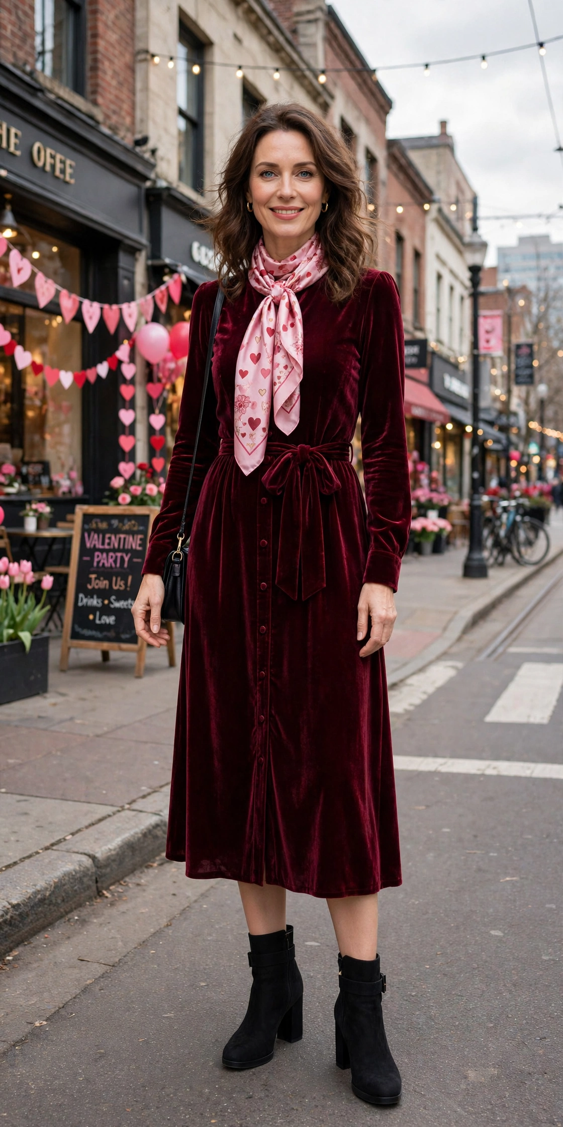 Burgundy velvet midi dress with block-heel ankle boots and a silk scarf