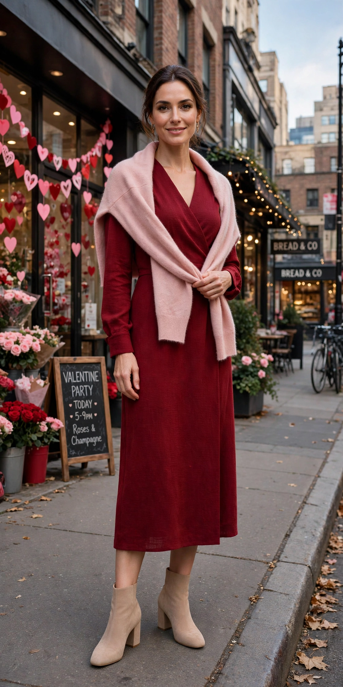 Deep red long-sleeve midi dress with comfortable block heels and a cashmere wrap