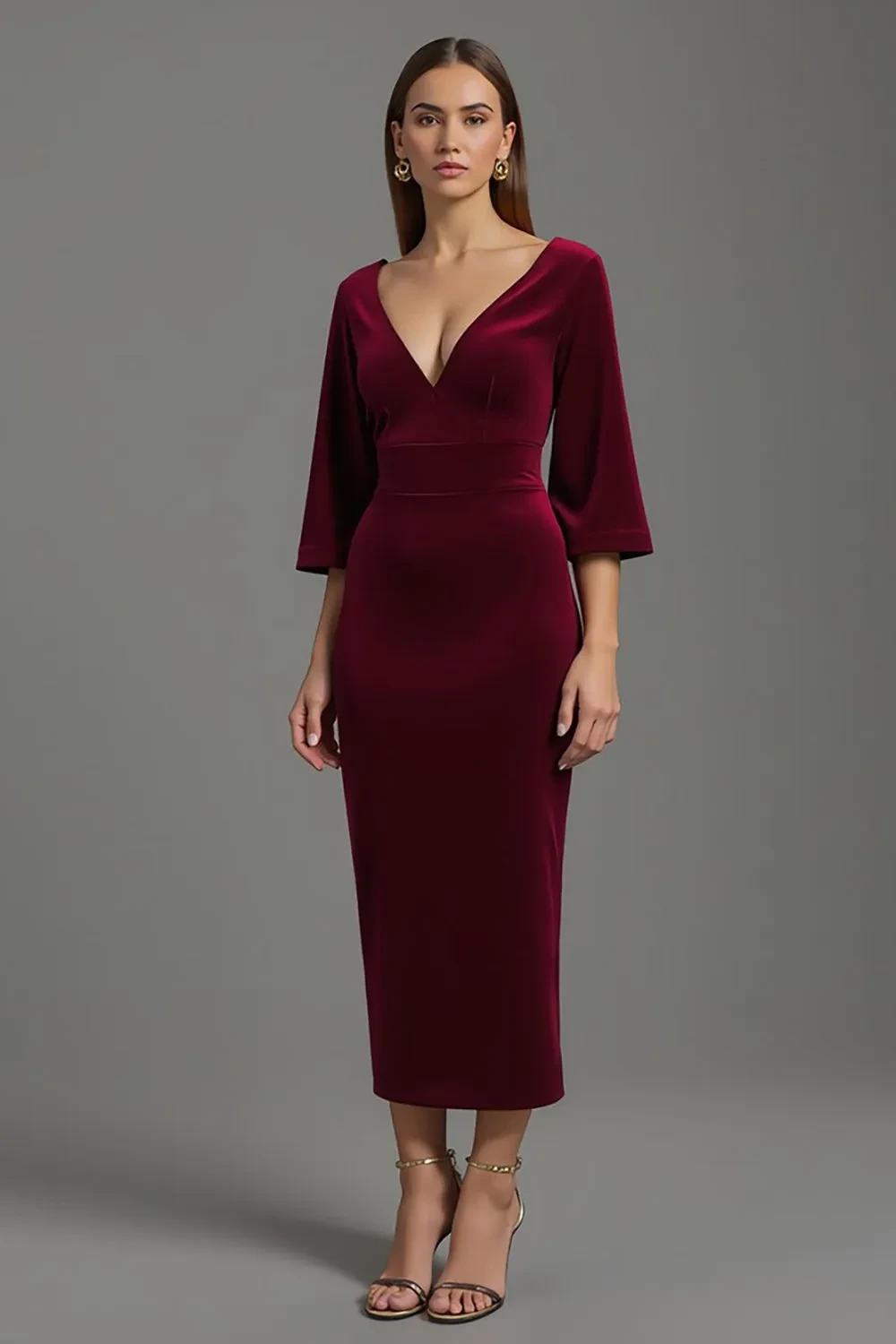 Wine velvet midi dress with kitten heels and a delicate gold necklace