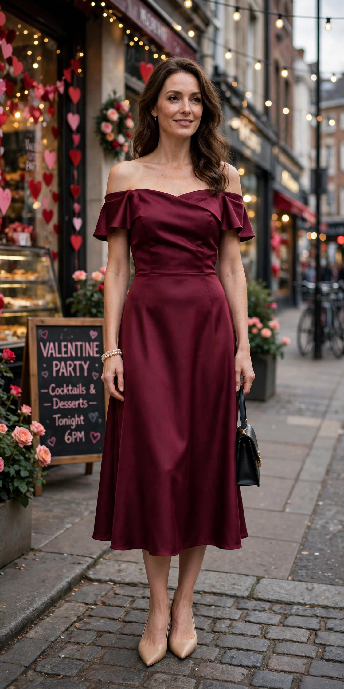 Wine off-shoulder midi dress with elegant pointed flats and a pearl bracelet