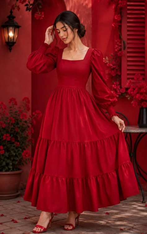 Crimson red tiered midi dress with kitten heels and a pearl bracelet