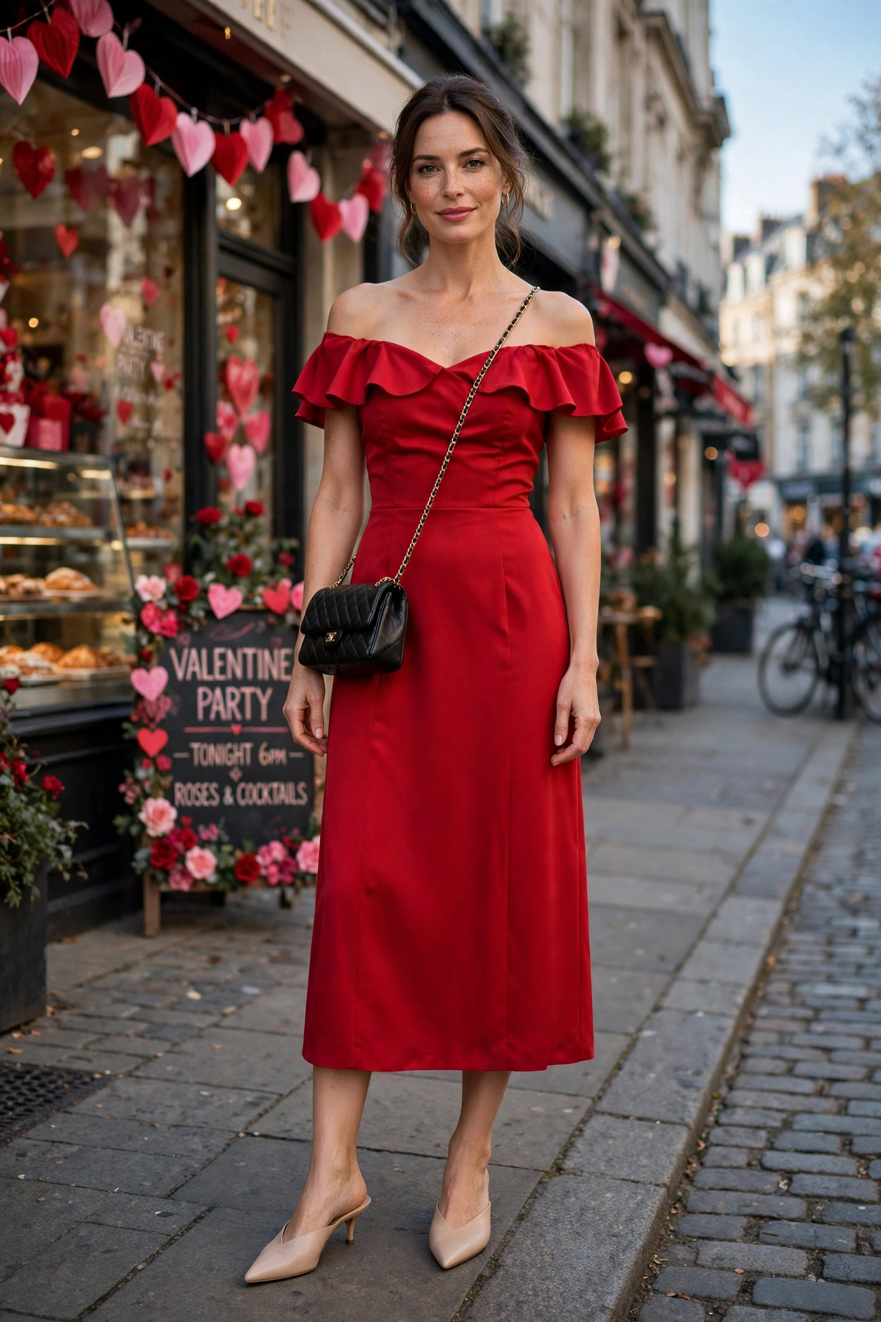 Scarlet off-shoulder midi dress with pointed mules and a chic crossbody bag