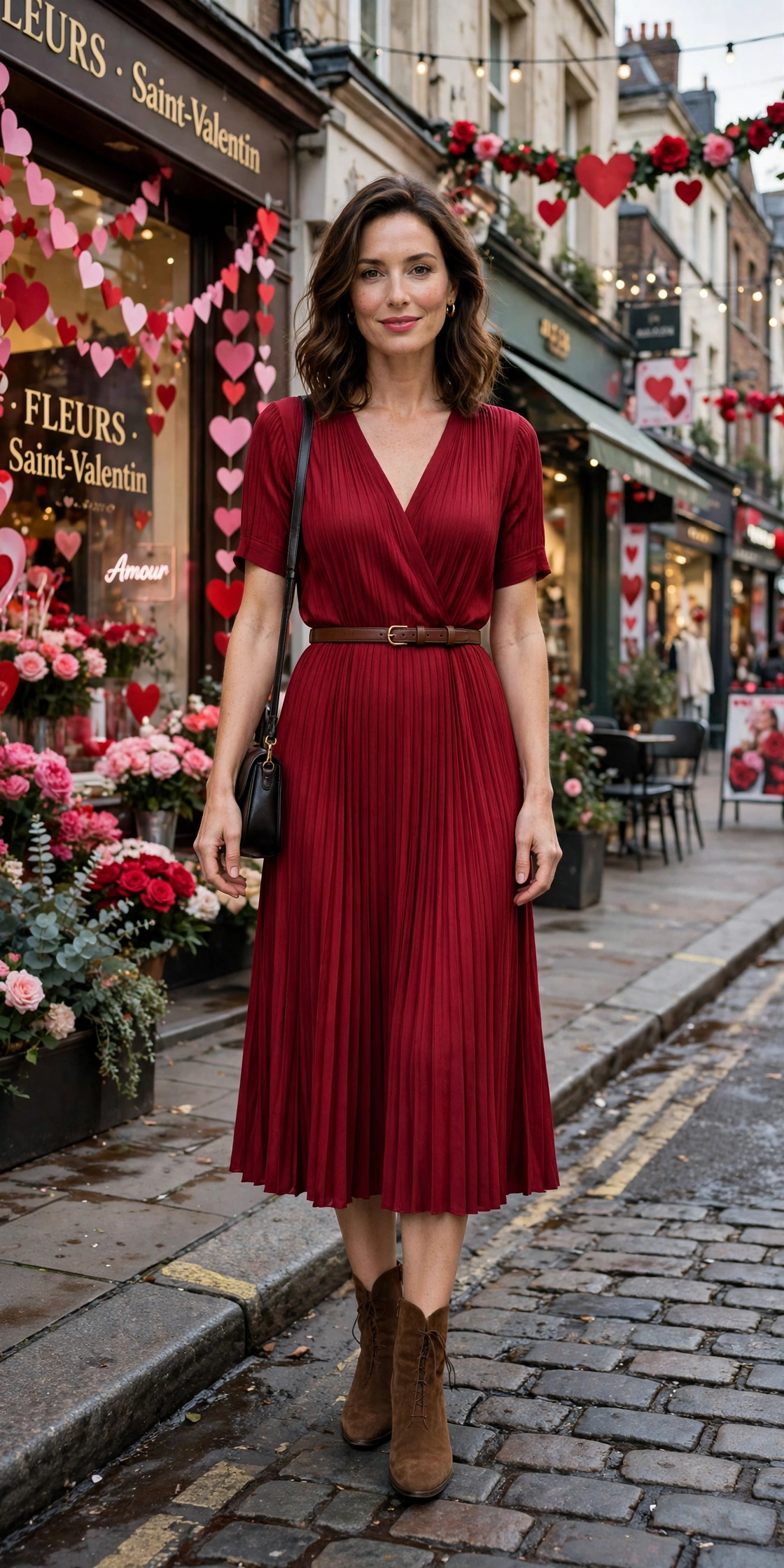 Ruby pleated midi dress with suede ankle boots and a slim leather belt