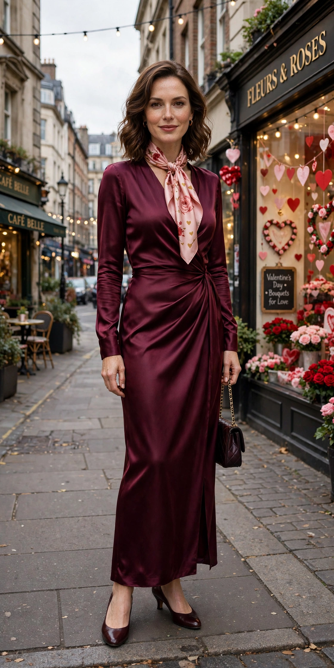 Wine satin long-sleeve dress with low-heeled pumps and a silk scarf