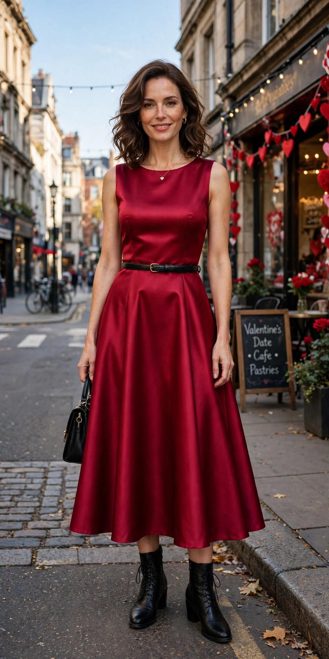 Ruby satin A-line dress with leather ankle boots and a slim leather belt