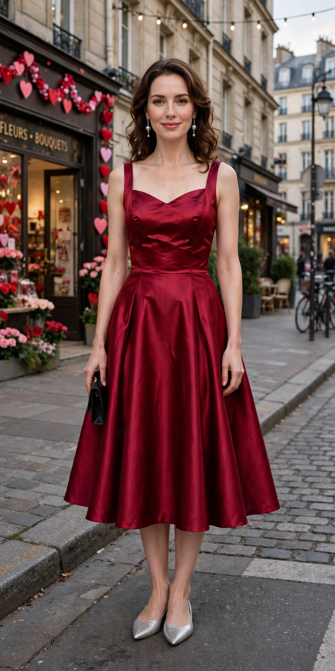 Ruby satin fit-and-flare dress with elegant pointed flats and silver drop earrings