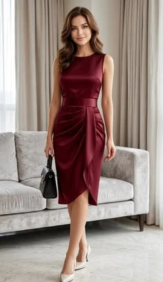 Scarlet satin bias-cut dress with low-heeled pumps and a pearl bracelet