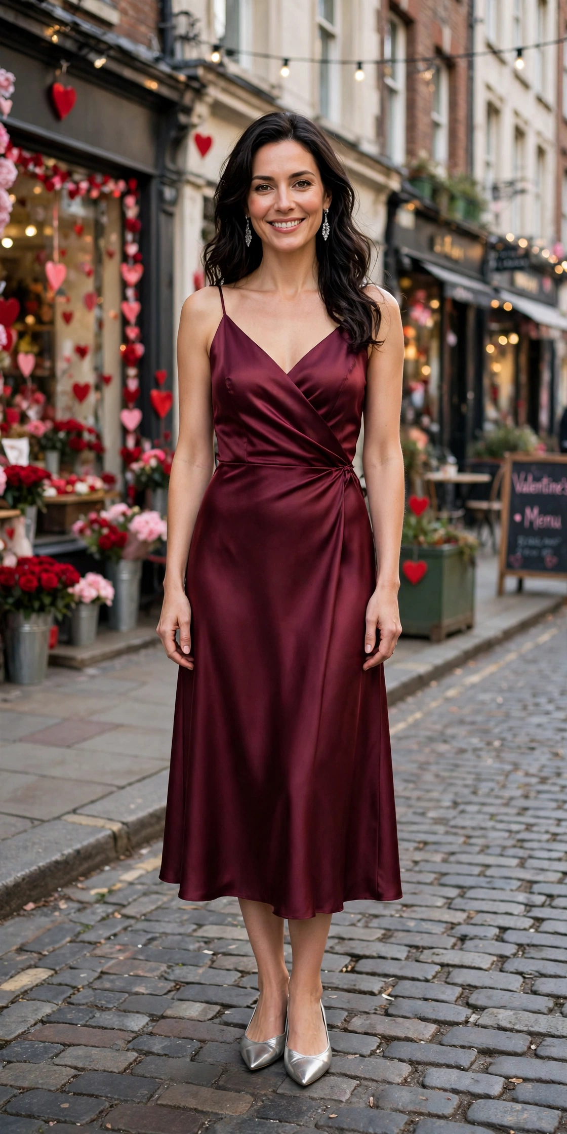 Wine satin midi dress with elegant pointed flats and silver drop earrings
