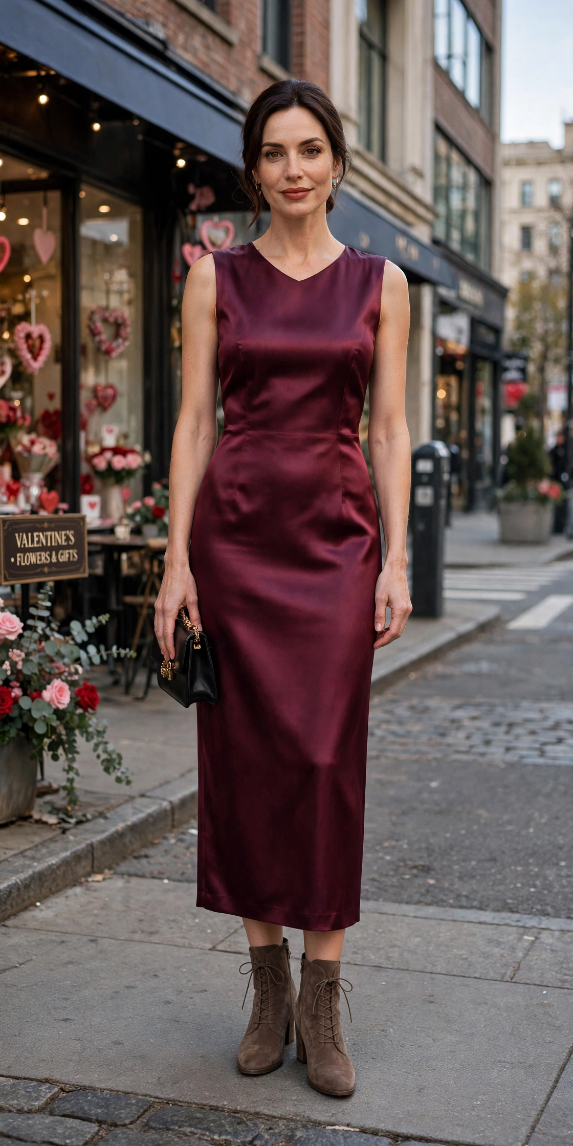 Wine satin sheath dress with suede ankle boots and a small structured clutch
