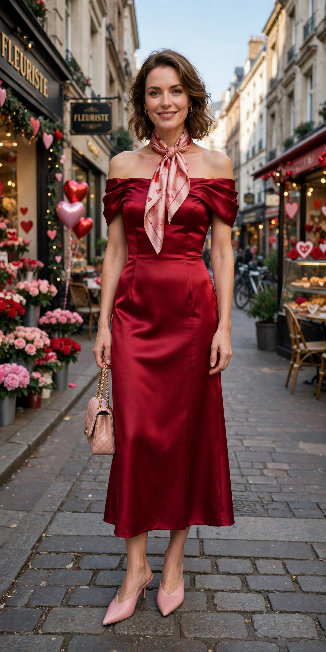 Crimson satin off-shoulder dress with pointed mules and a silk scarf