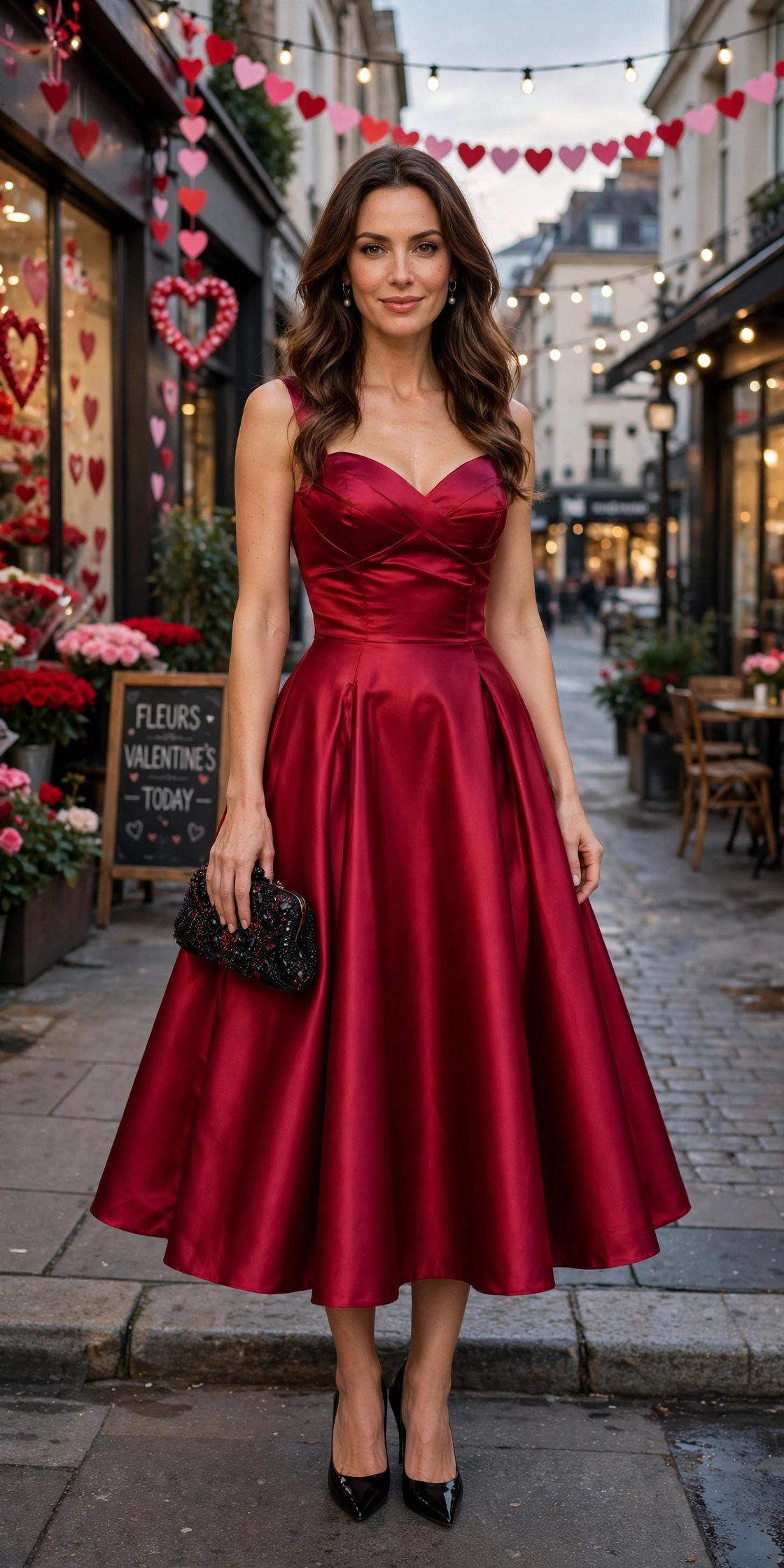Ruby satin fit-and-flare dress with black pointed heels and a beaded clutch