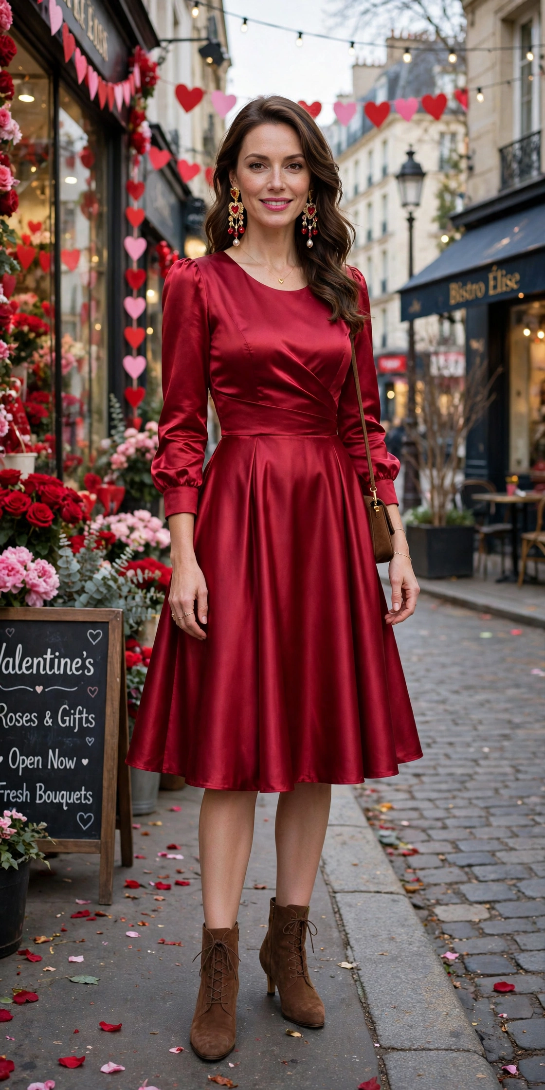 Cherry satin fit-and-flare dress with suede ankle boots and statement earrings