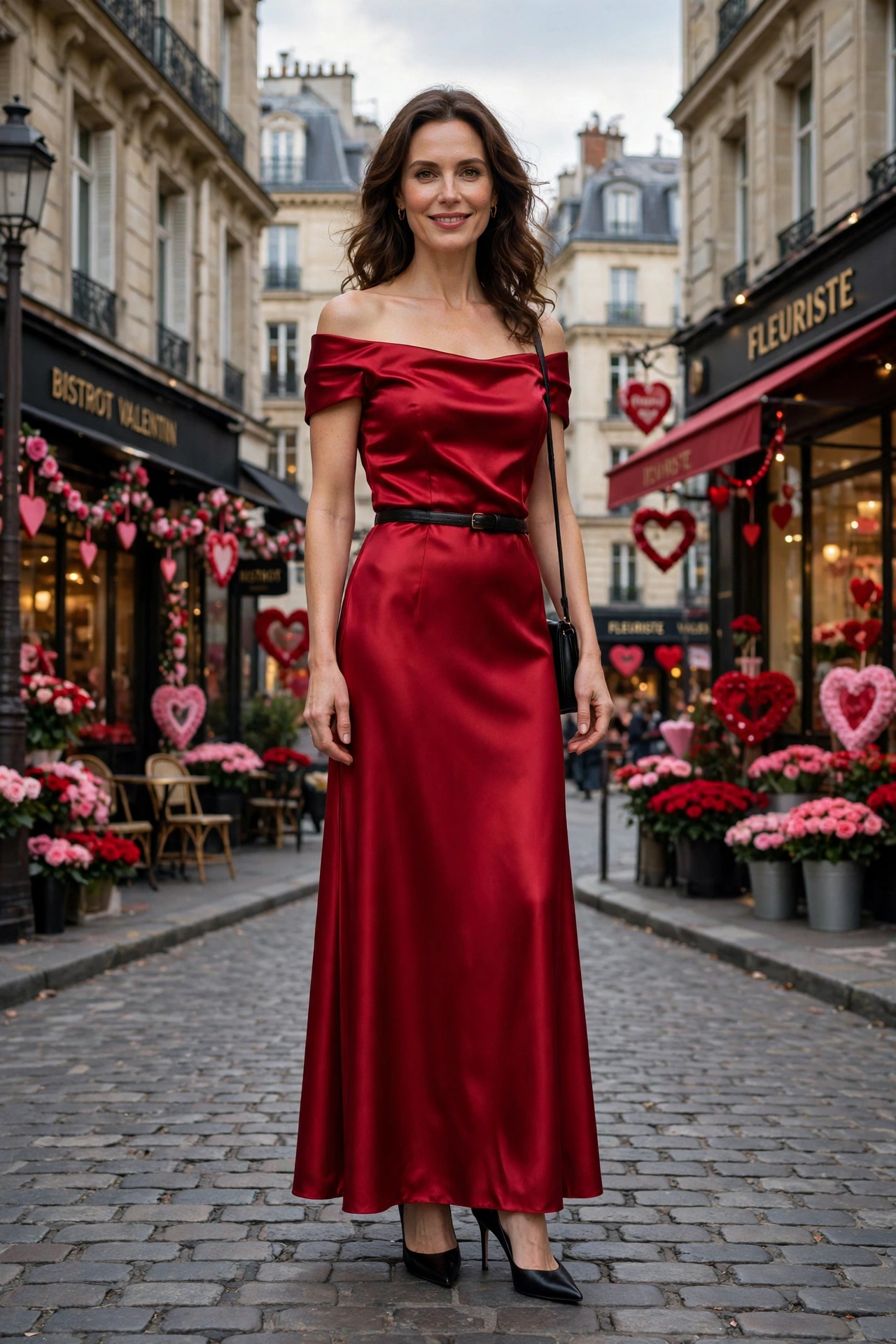 Crimson satin off-shoulder dress with black pointed heels and a slim leather belt
