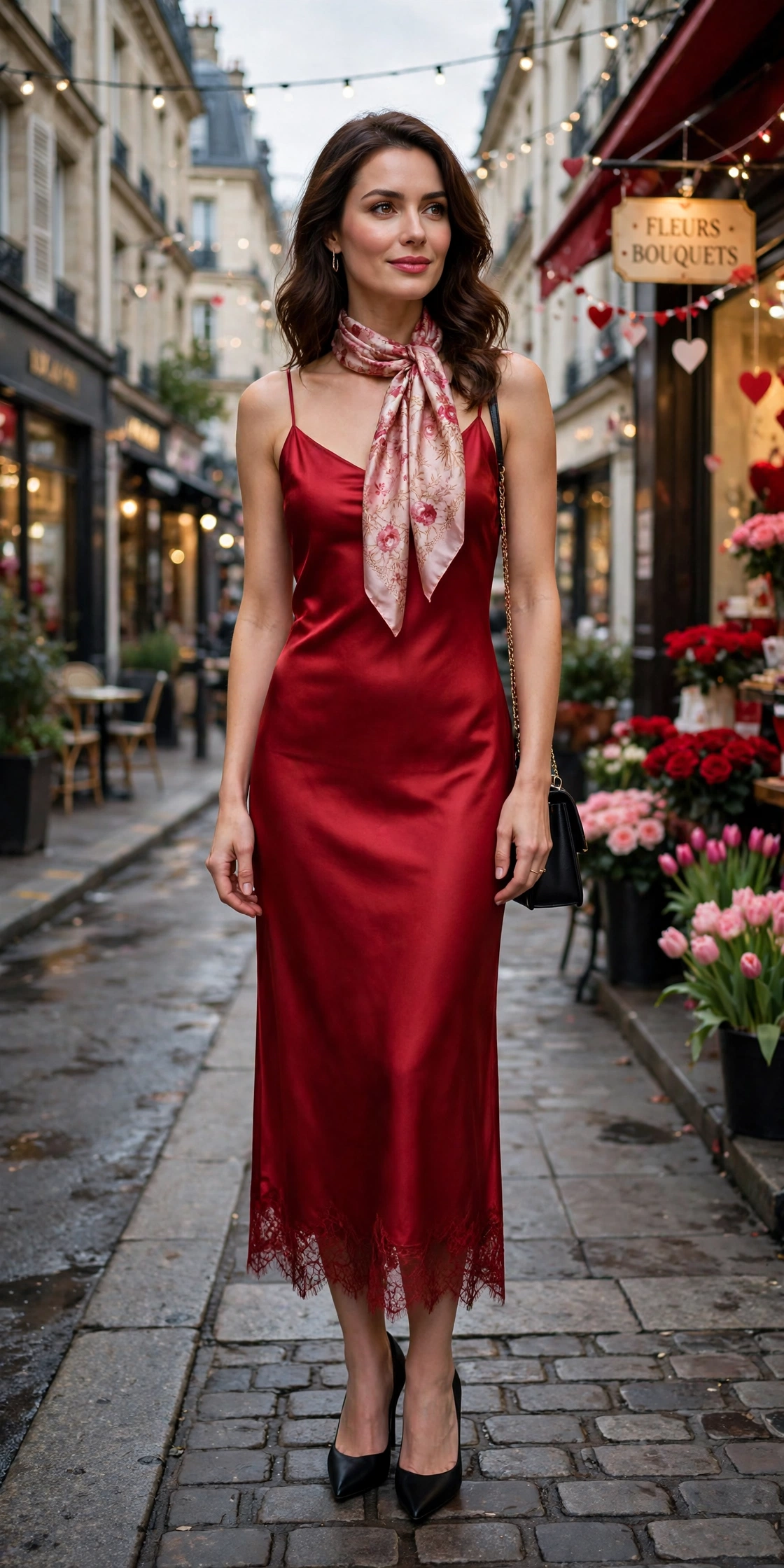 Scarlet satin slip dress with black pointed heels and a silk scarf