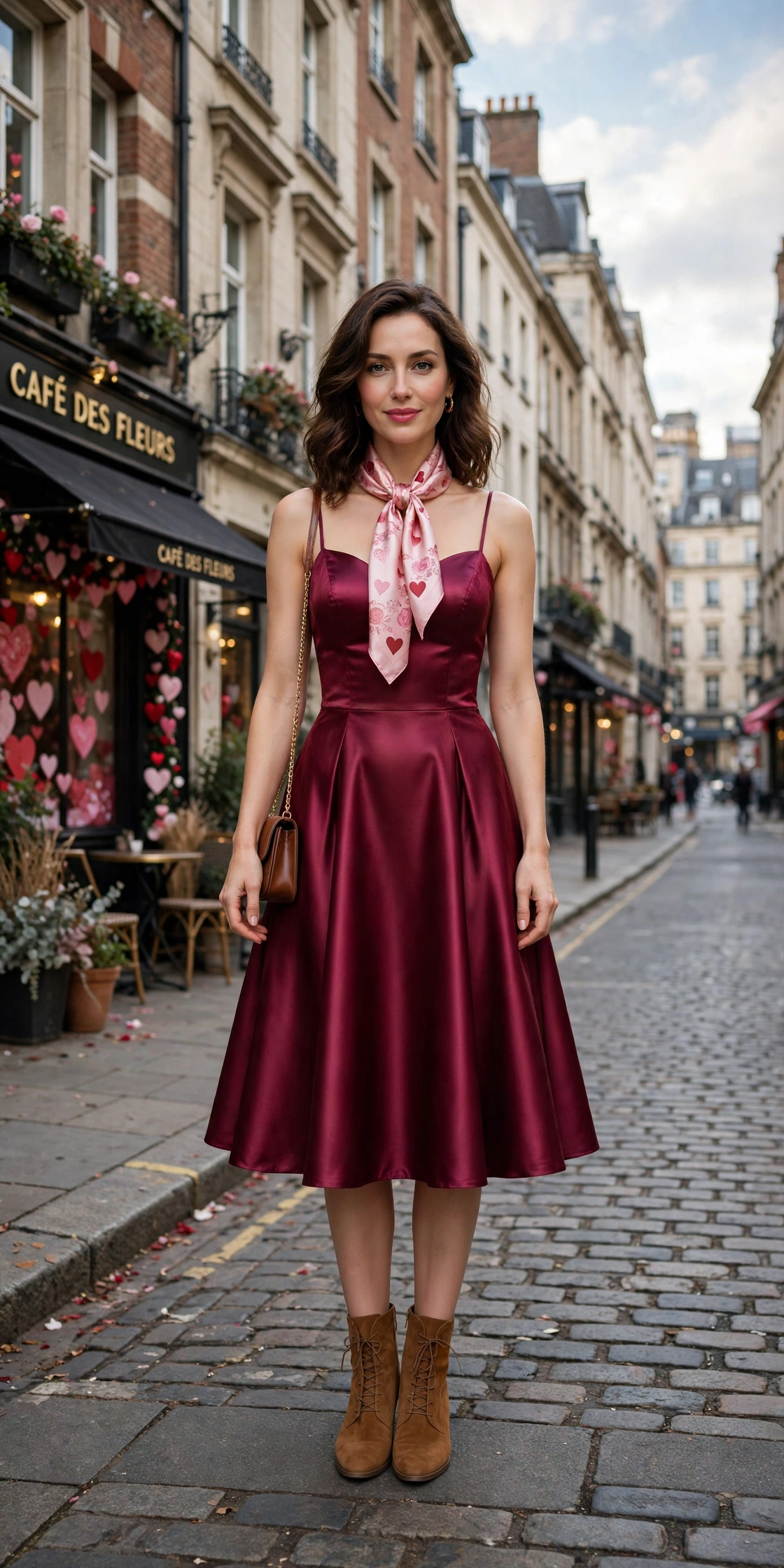 Wine satin fit-and-flare dress with suede ankle boots and a silk scarf