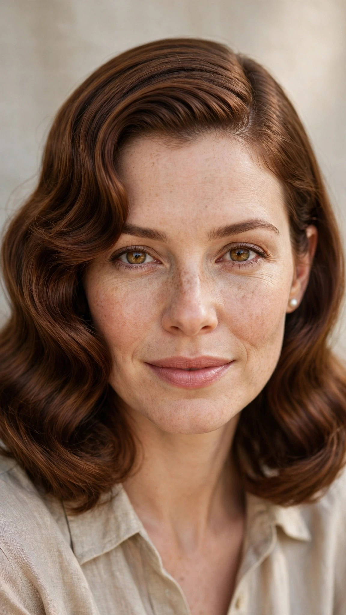 Retro Wave Hairstyles For Medium Hair With Polished Finger Waves With Silky Smooth Strands, A Deep Side Part And Warm Chestnut Warmth