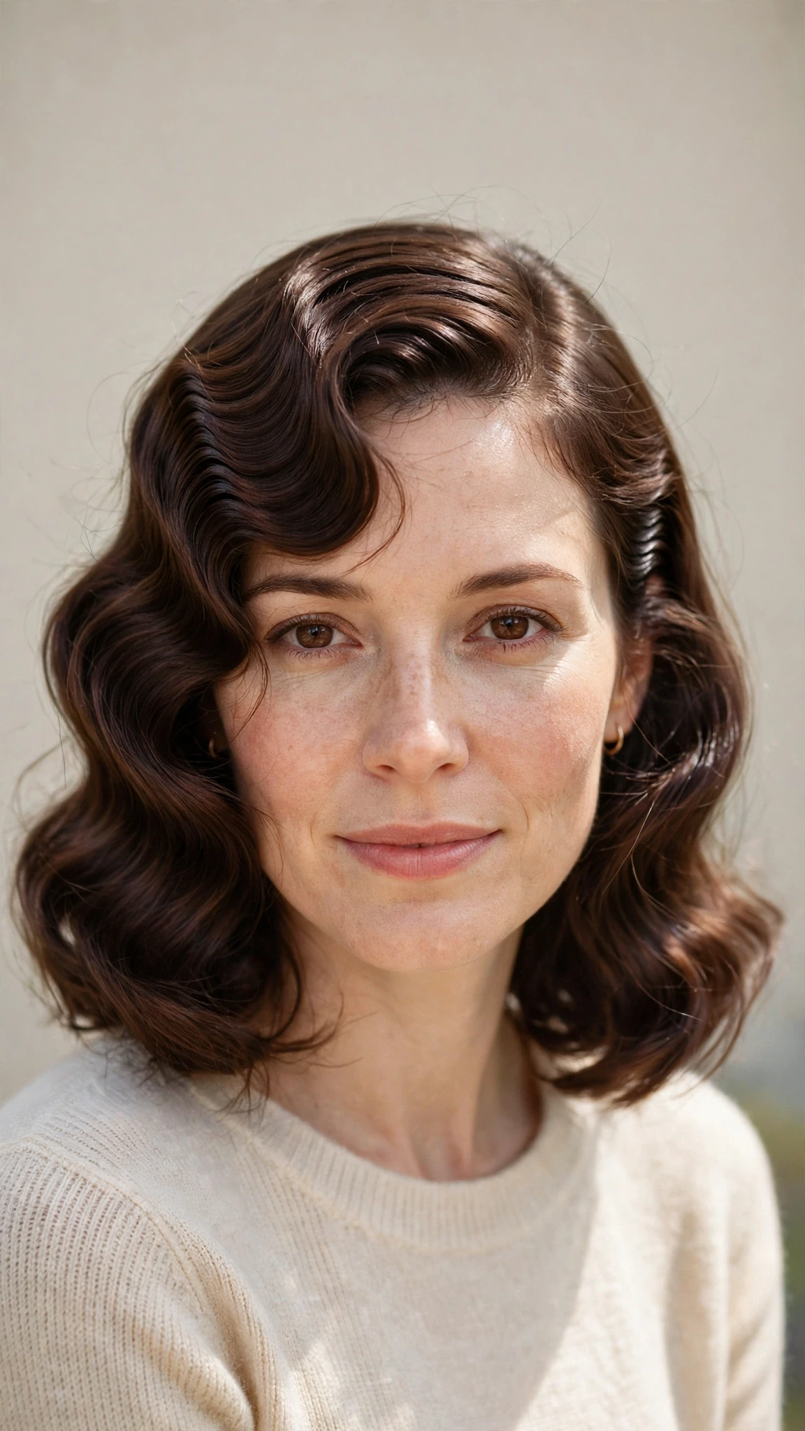 Retro Wave Hairstyles For Medium Hair With Polished Finger Waves With A Sleek Straight Finish, Wispy Pieces Around The Face And Rich Chocolate Depth