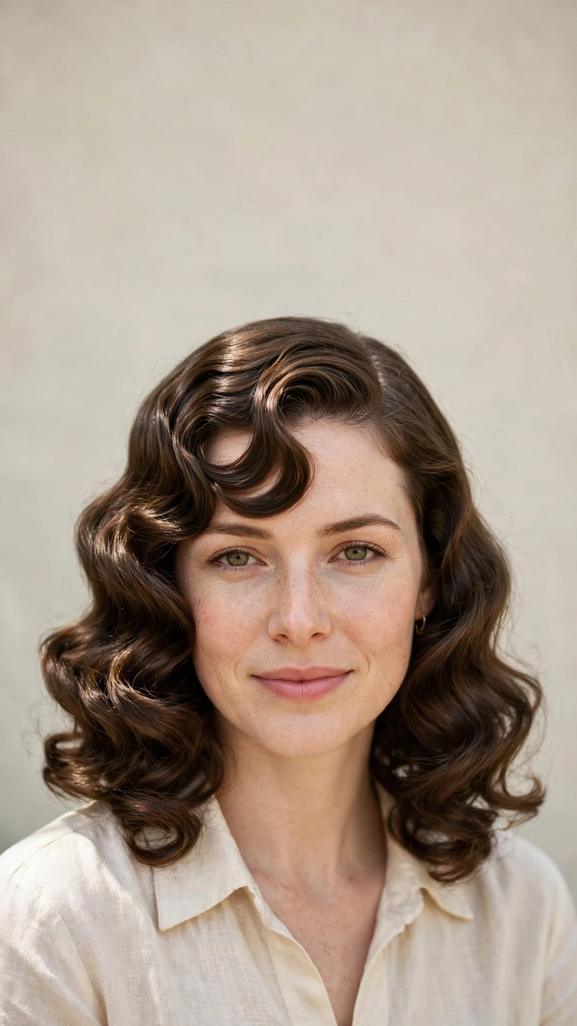 Retro Wave Hairstyles For Medium Hair With Polished Finger Waves With Loose Romantic Curls, A Soft Side-Swept Fringe And A Glossy Shine Finish