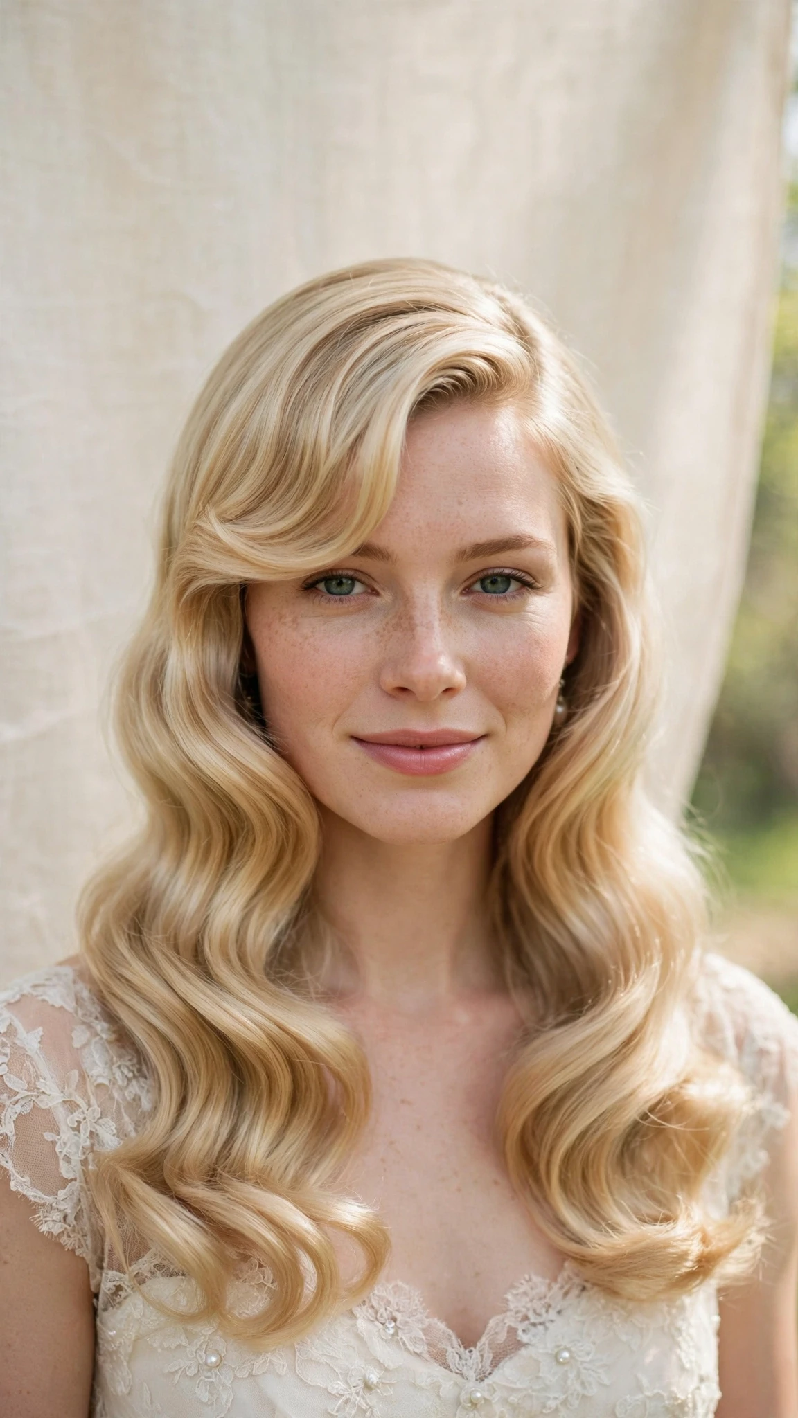 Retro Wave Hairstyles For Spring Weddings With A Vintage Finish With Smooth Glossy Lengths, A Soft Side-Swept Fringe And Delicate Blonde Dimension