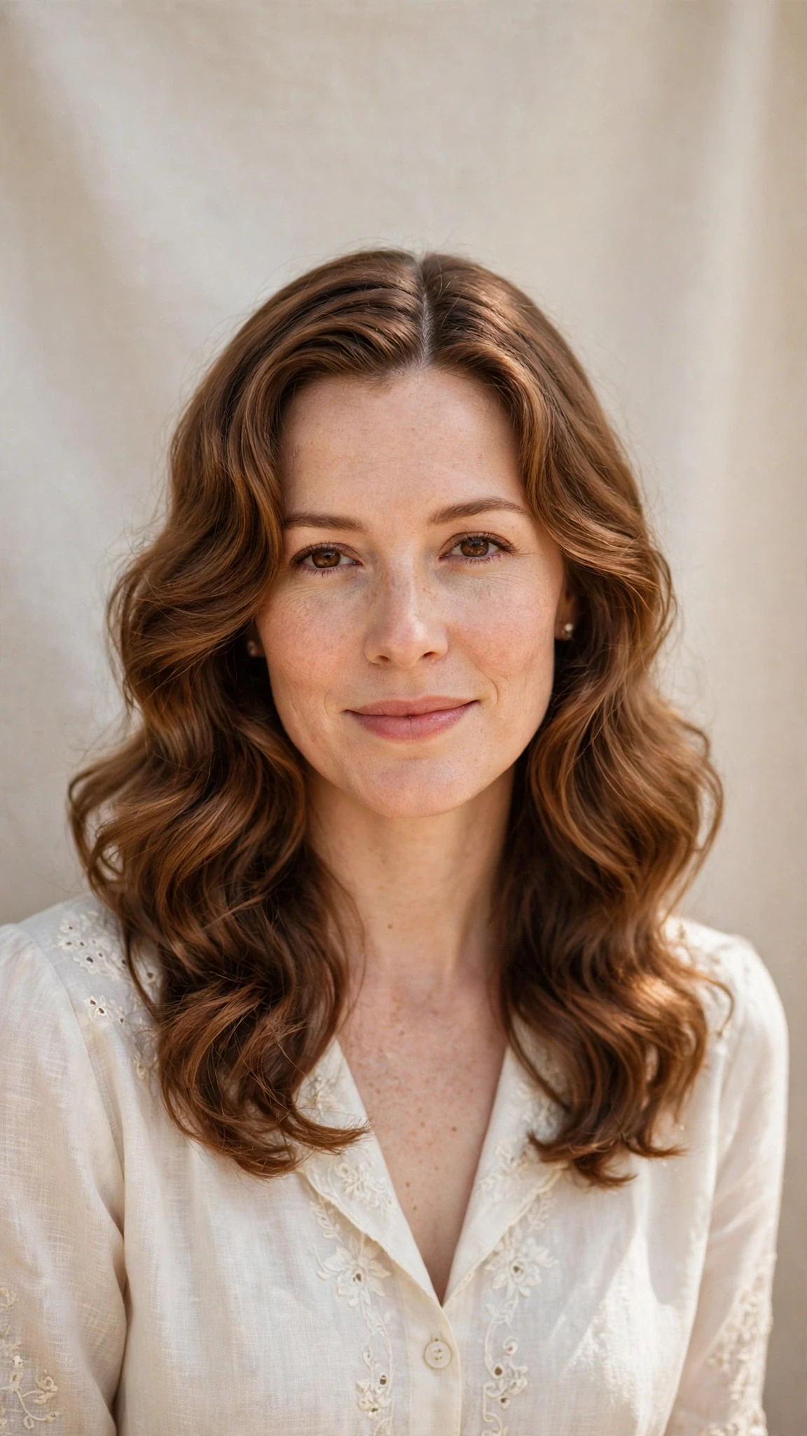 Retro Wave Hairstyles For Spring Weddings With A Vintage Finish With A Relaxed Lived-In Wave, A Centre Part With Soft Layers And Warm Chestnut Warmth
