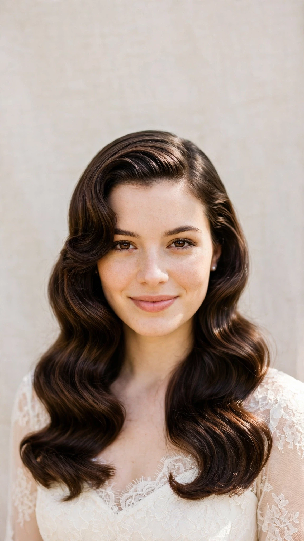 Retro Wave Hairstyles For Spring Weddings With A Vintage Finish With Smooth Glossy Lengths, Face-Framing Layers And Natural Brunette Depth