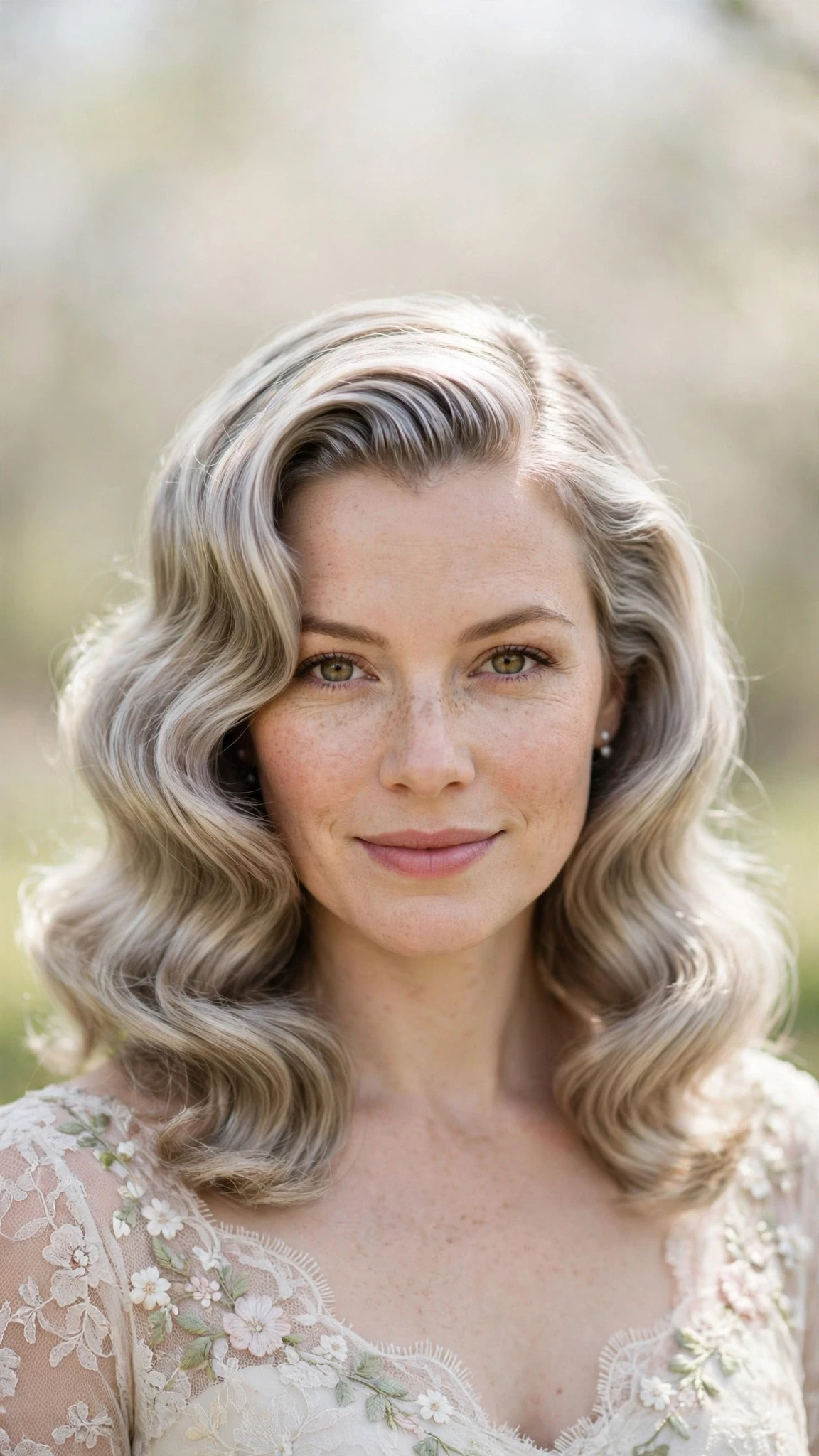 Retro Wave Hairstyles For Spring Weddings With A Vintage Finish With Soft Waves, A Deep Side Part And Silver-Blended Brightness