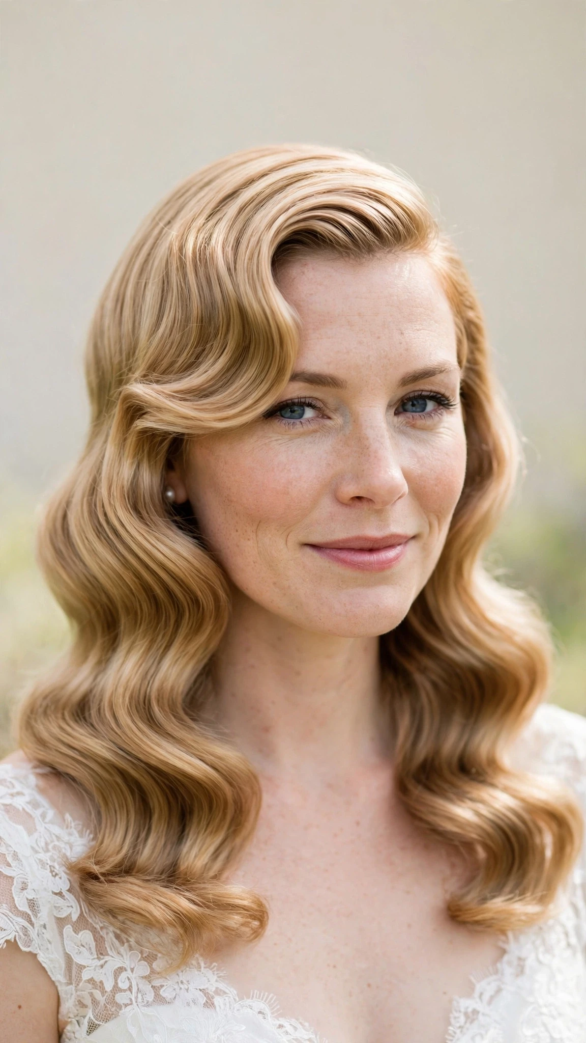 Retro Wave Hairstyles For Spring Weddings With A Vintage Finish With Smooth Glossy Lengths, A Soft Side-Swept Fringe And Honey Blonde Shine