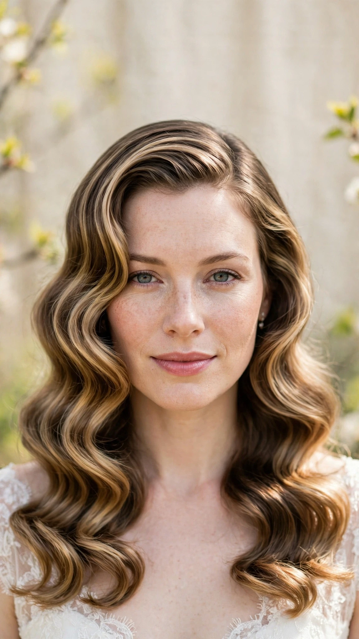 Retro Wave Hairstyles For Spring Weddings With A Vintage Finish With Smooth Glossy Lengths, Face-Framing Layers And Soft Golden Pieces