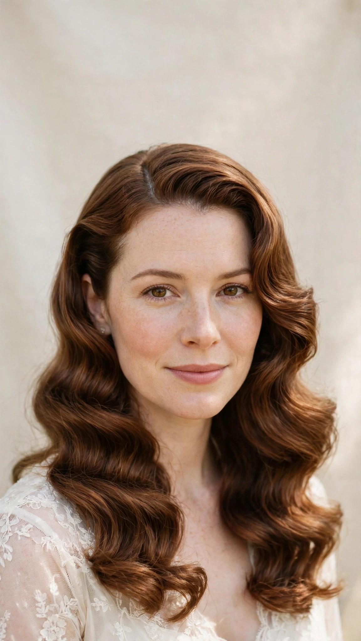 Retro Wave Hairstyles For Spring Weddings With A Vintage Finish With Soft Waves, A Deep Side Part And Warm Chestnut Warmth