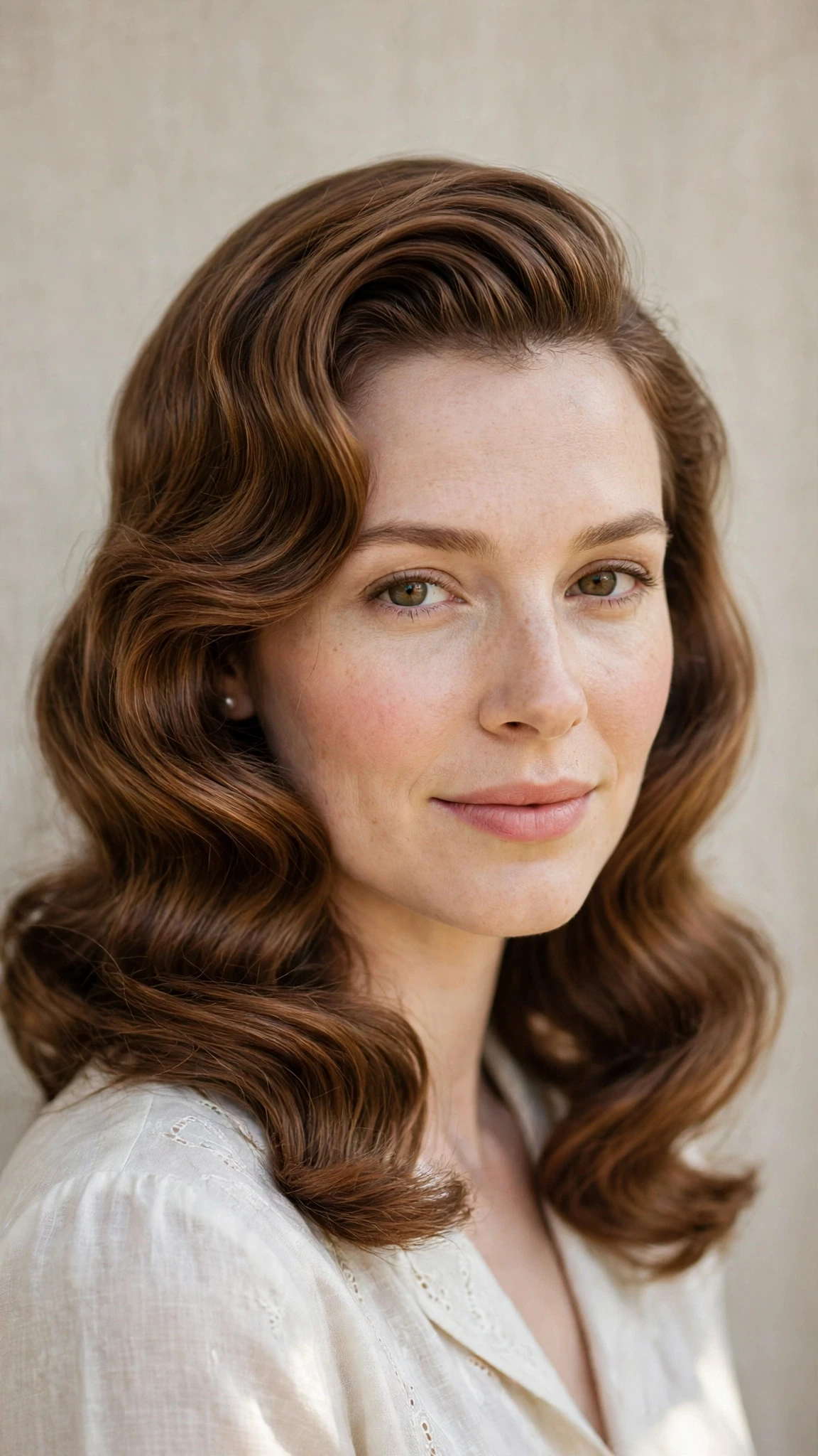 Retro Wave Hairstyles For Spring Weddings With A Vintage Finish With A Polished Blowout, Subtle Internal Layers And Warm Chestnut Warmth