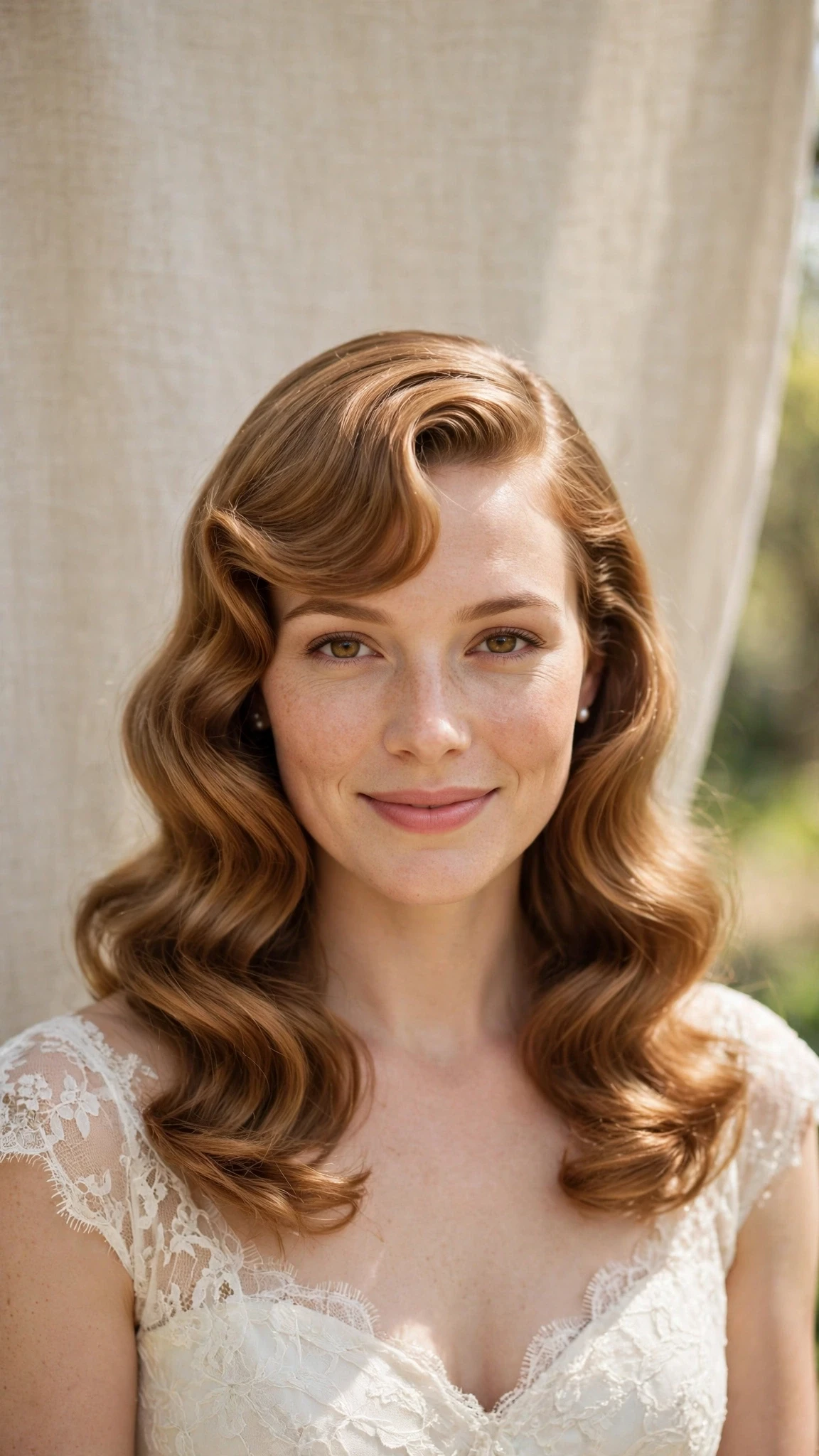 Retro Wave Hairstyles For Spring Weddings With A Vintage Finish With Smooth Glossy Lengths, A Soft Side-Swept Fringe And Warm Caramel Tones