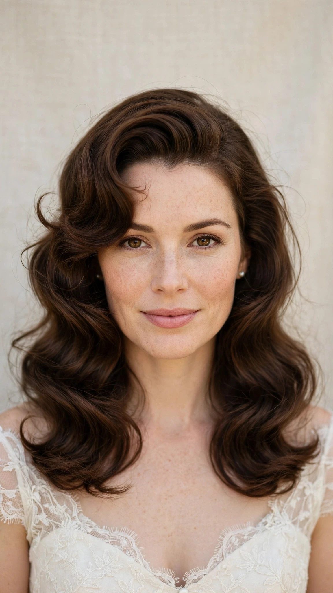 Retro Wave Hairstyles For Spring Weddings With A Vintage Finish With A Polished Blowout, Wispy Pieces Around The Face And Rich Chocolate Depth