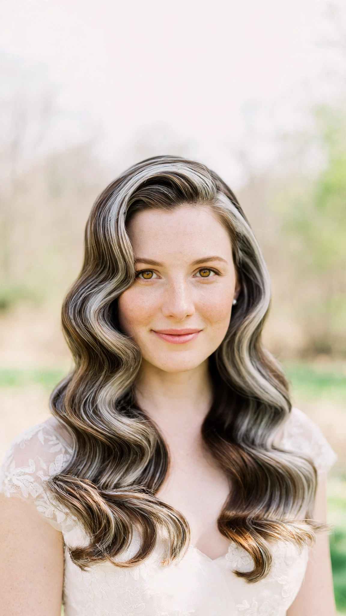Retro Wave Hairstyles For Spring Weddings With A Vintage Finish With Smooth Glossy Lengths, Face-Framing Layers And Silver-Blended Brightness