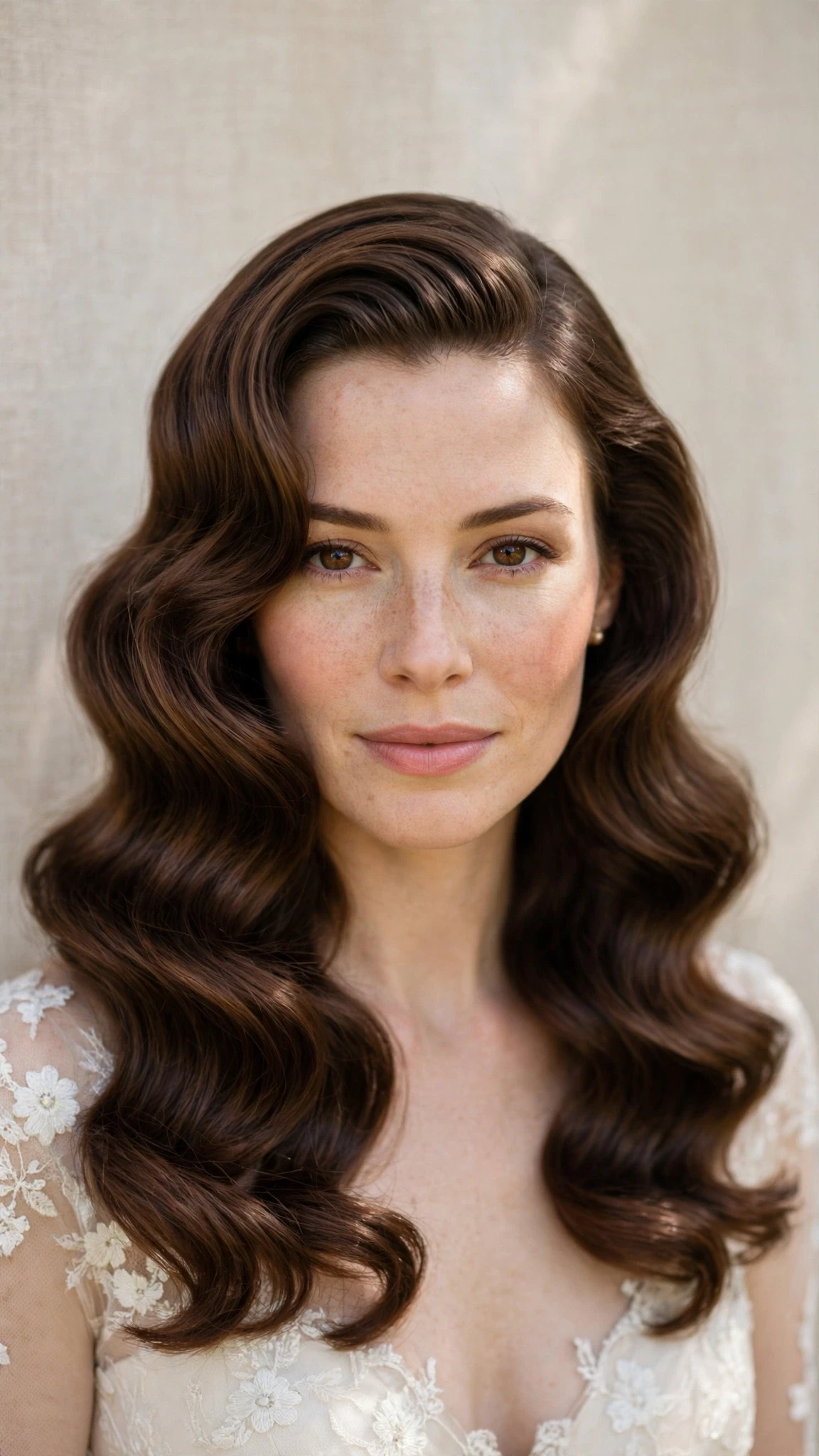 Retro Wave Hairstyles For Spring Weddings With A Vintage Finish With Smooth Glossy Lengths, Graduated Layers And Rich Chocolate Depth